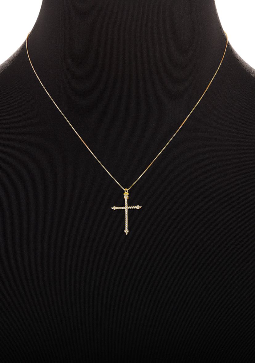 Sterling Silver Gold Plated Round Cubic Zirconia Studs Cross Pendant Set