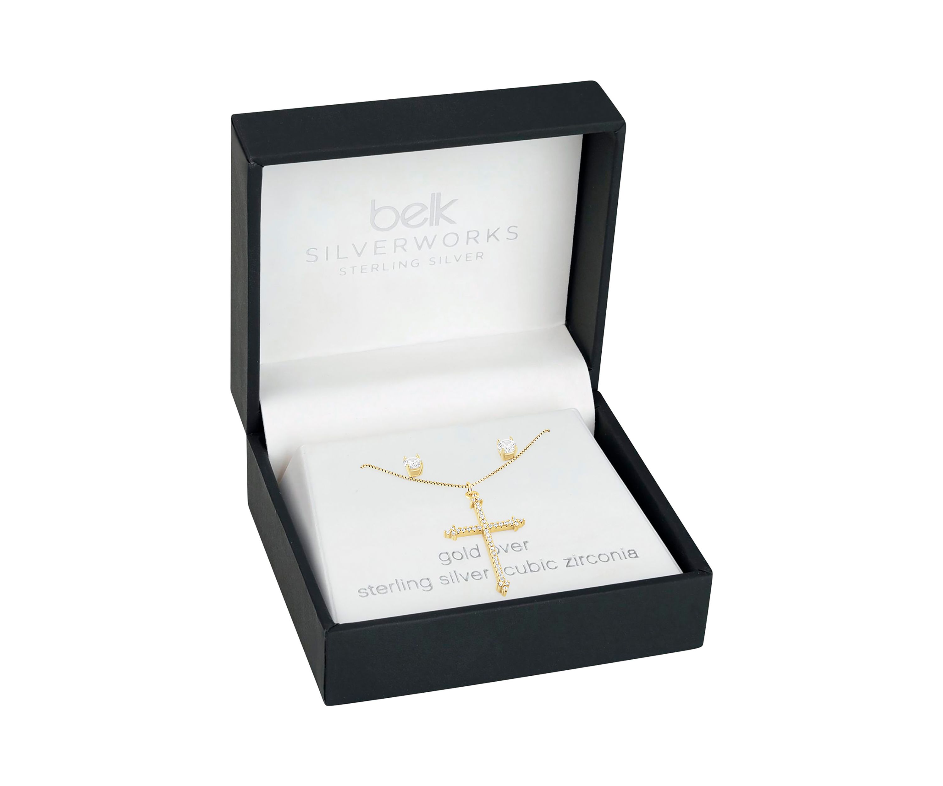 Sterling Silver Gold Plated Round Cubic Zirconia Studs Cross Pendant Set