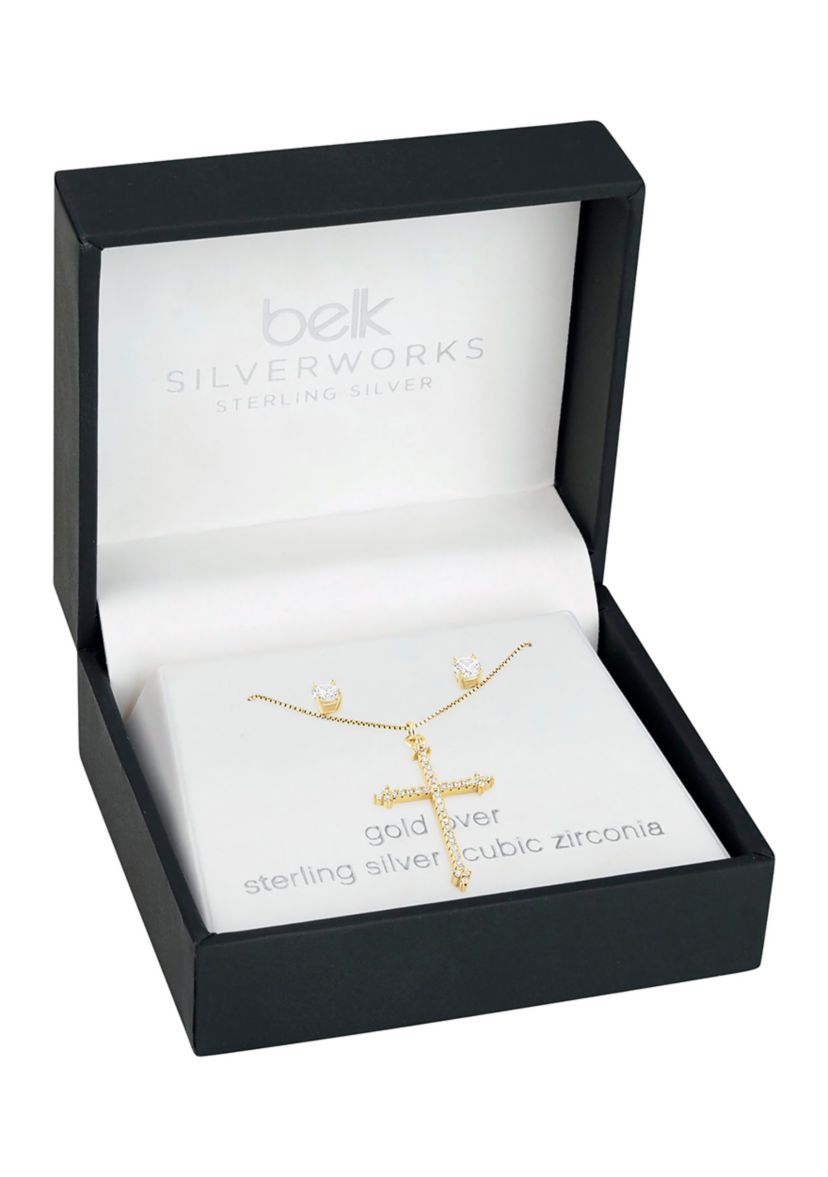 Sterling Silver Gold Plated Round Cubic Zirconia Studs Cross Pendant Set