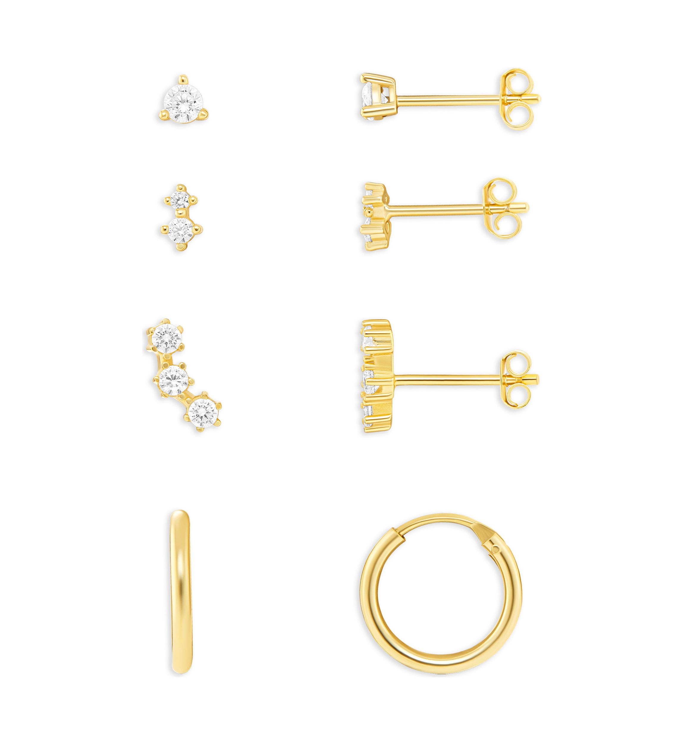 Gold Over Silver Silver Cubic Zirconia Stud, Double Stud, Crawler Stud & Endless Hoop Earring Set