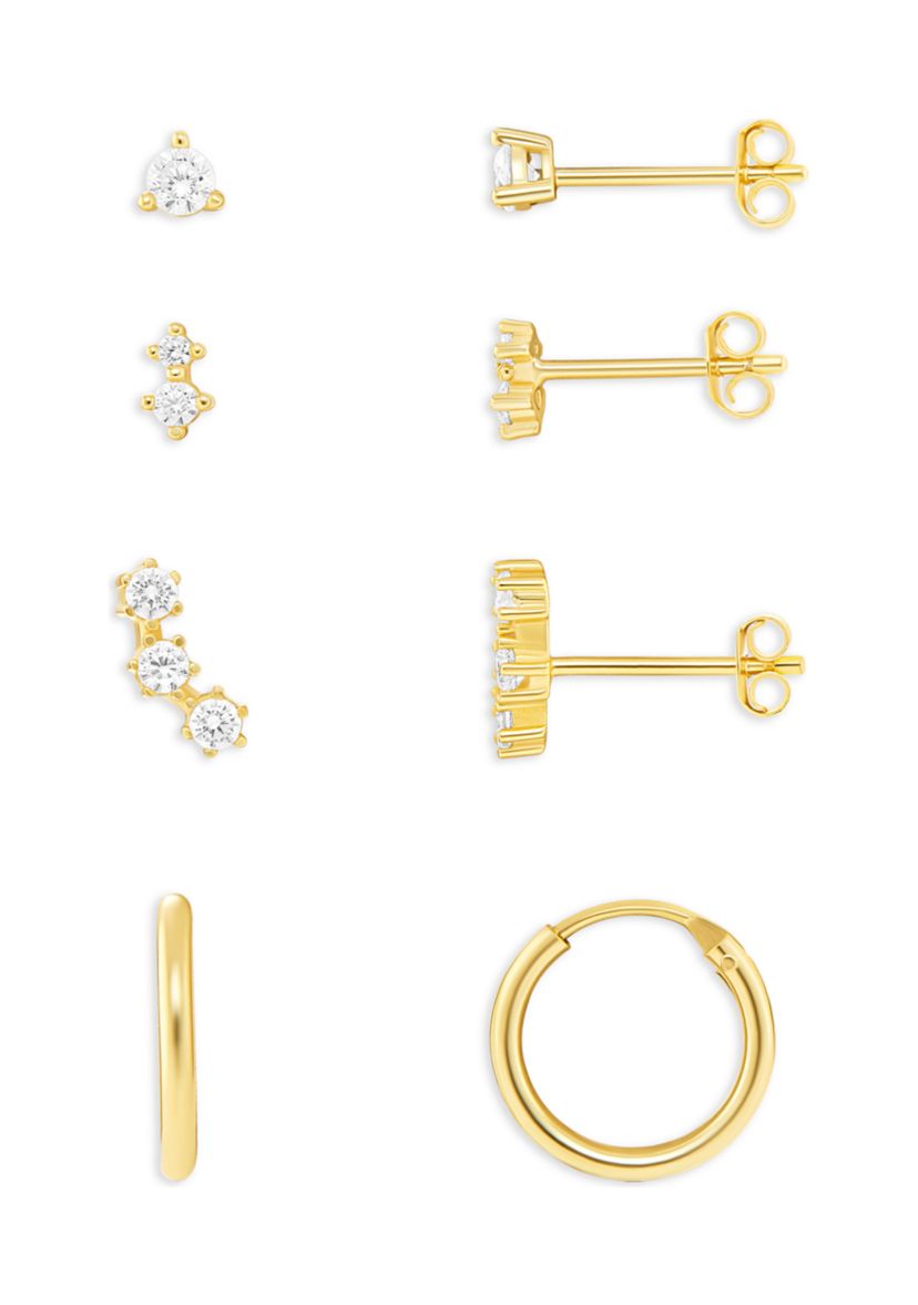 Gold Over Silver Silver Cubic Zirconia Stud, Double Stud, Crawler Stud & Endless Hoop Earring Set