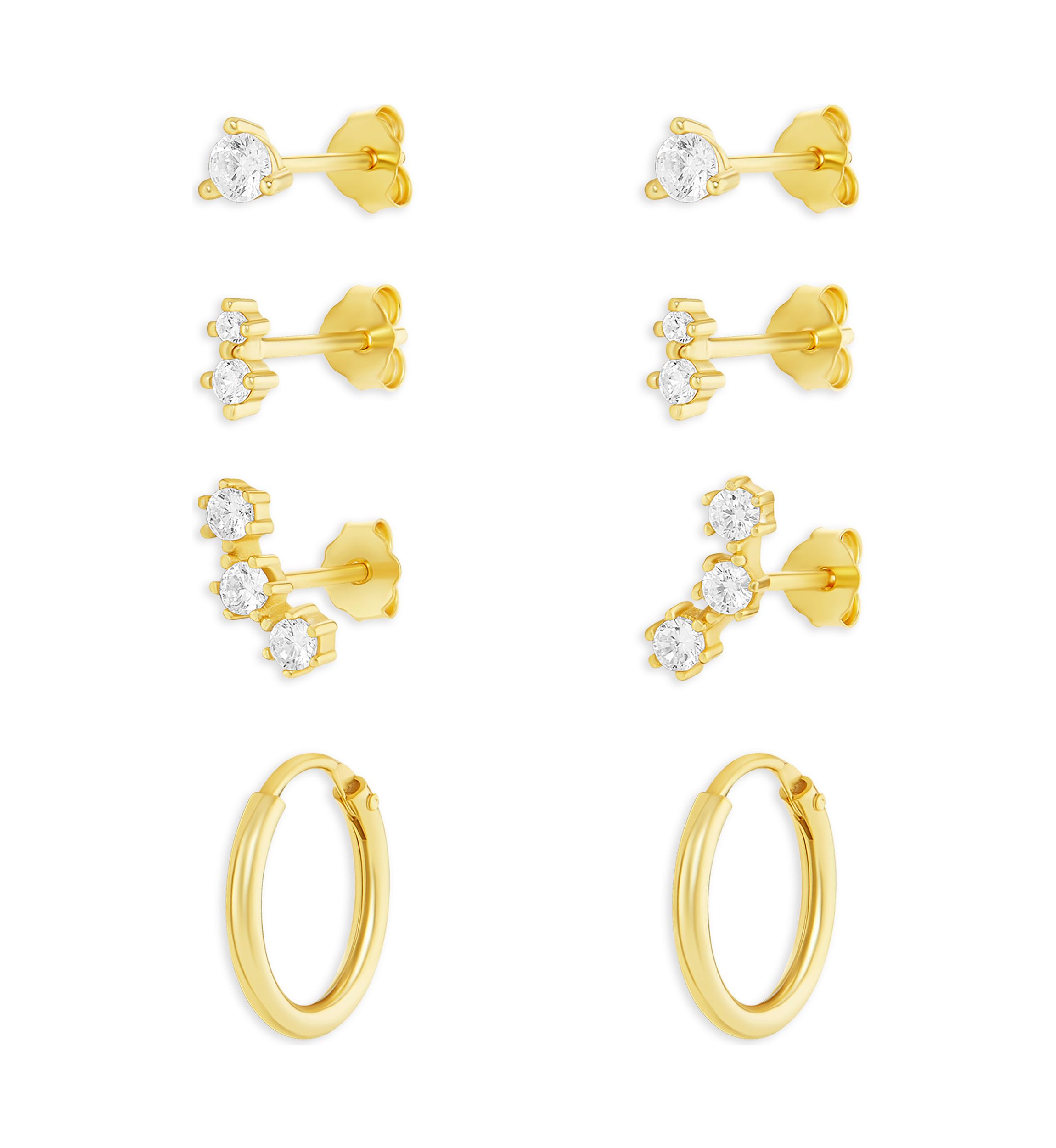 Gold Over Silver Silver Cubic Zirconia Stud, Double Stud, Crawler Stud & Endless Hoop Earring Set