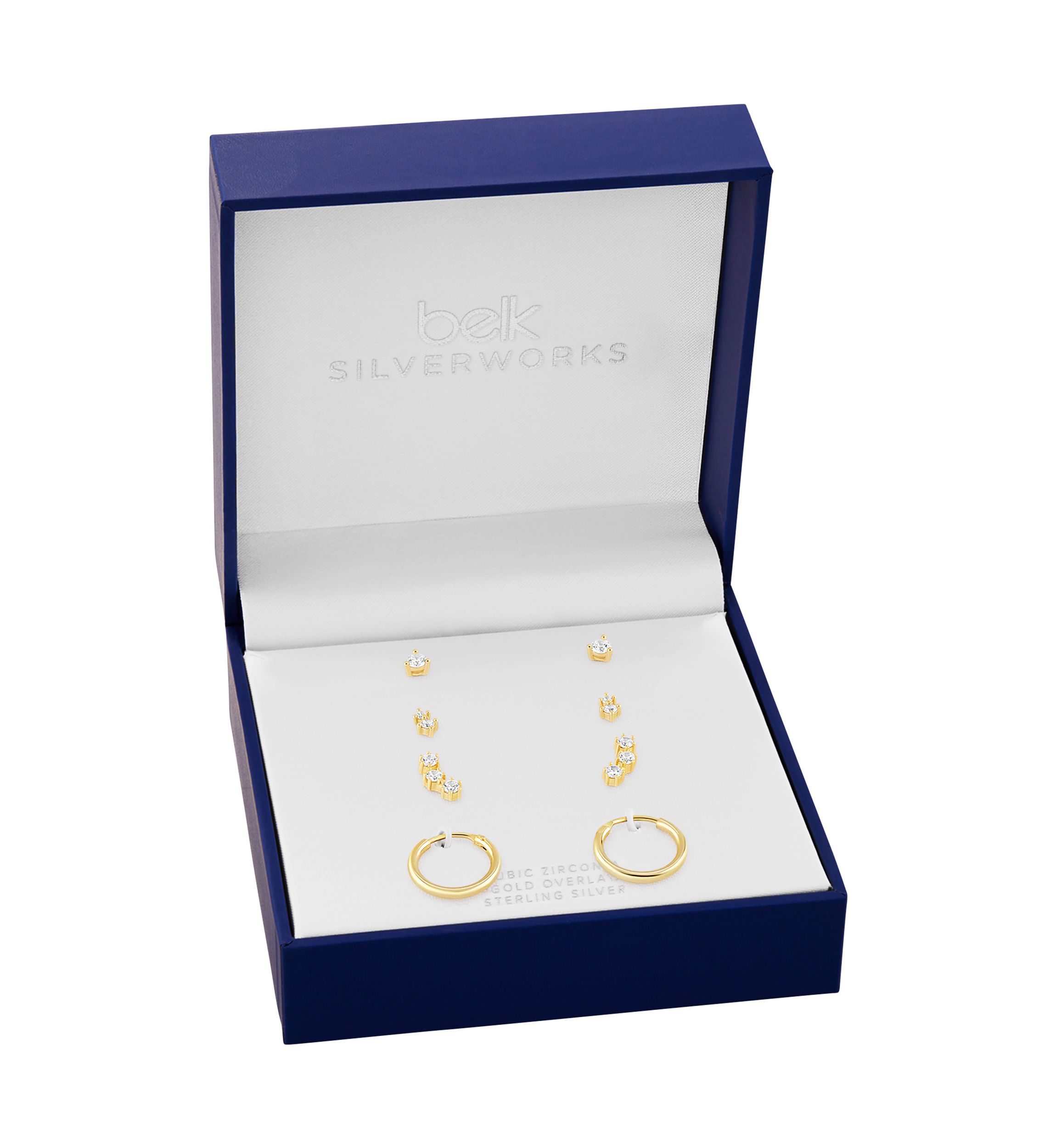 Gold Over Silver Silver Cubic Zirconia Stud, Double Stud, Crawler Stud & Endless Hoop Earring Set