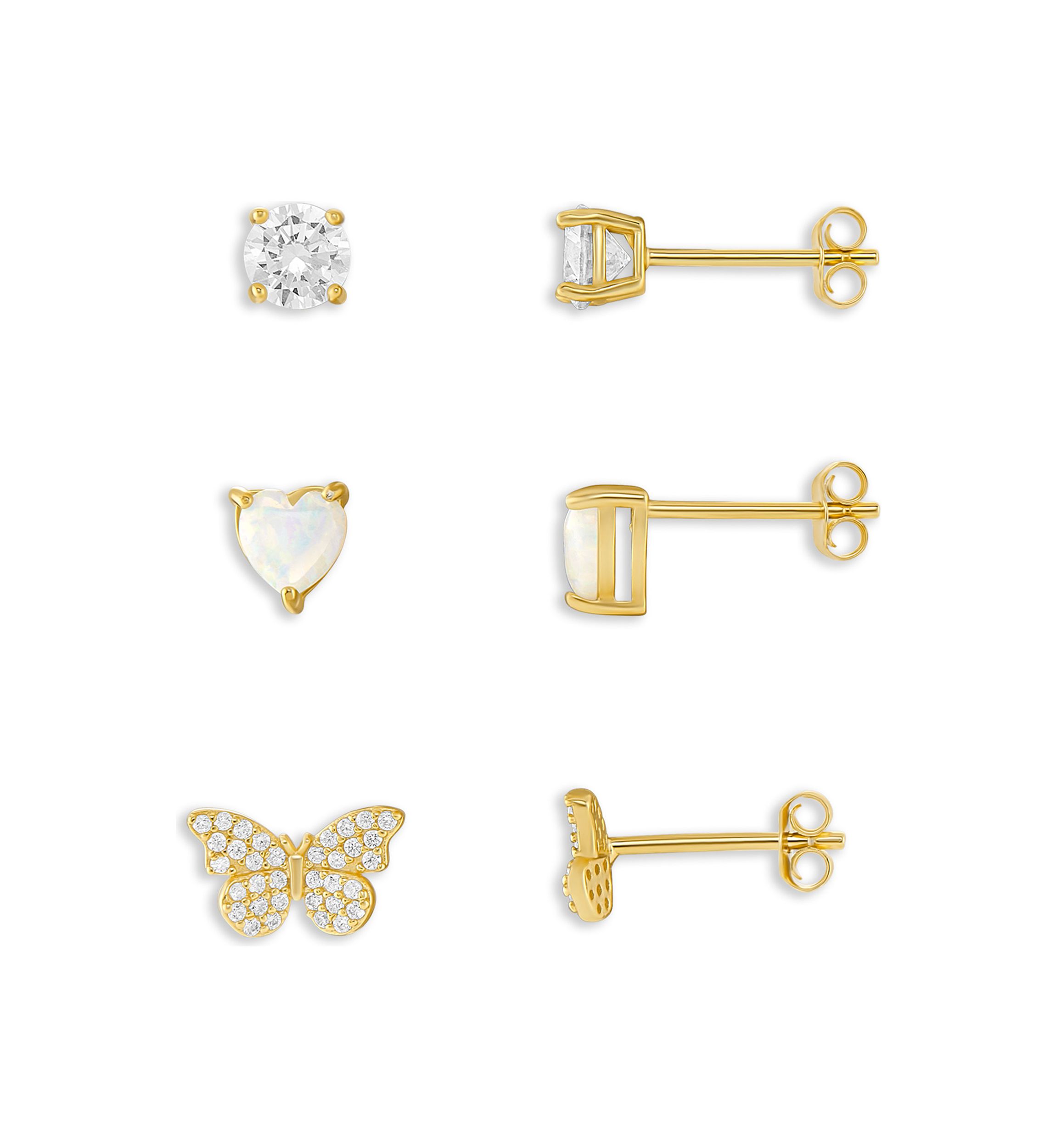 Round Cubic Zirconia Opal Heart Pavé Cubic Zirconia Butterfly Studs Set