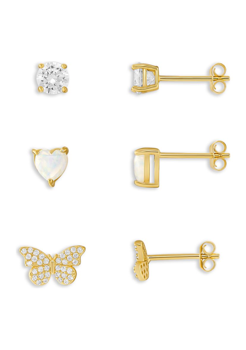 Round Cubic Zirconia Opal Heart Pavé Cubic Zirconia Butterfly Studs Set