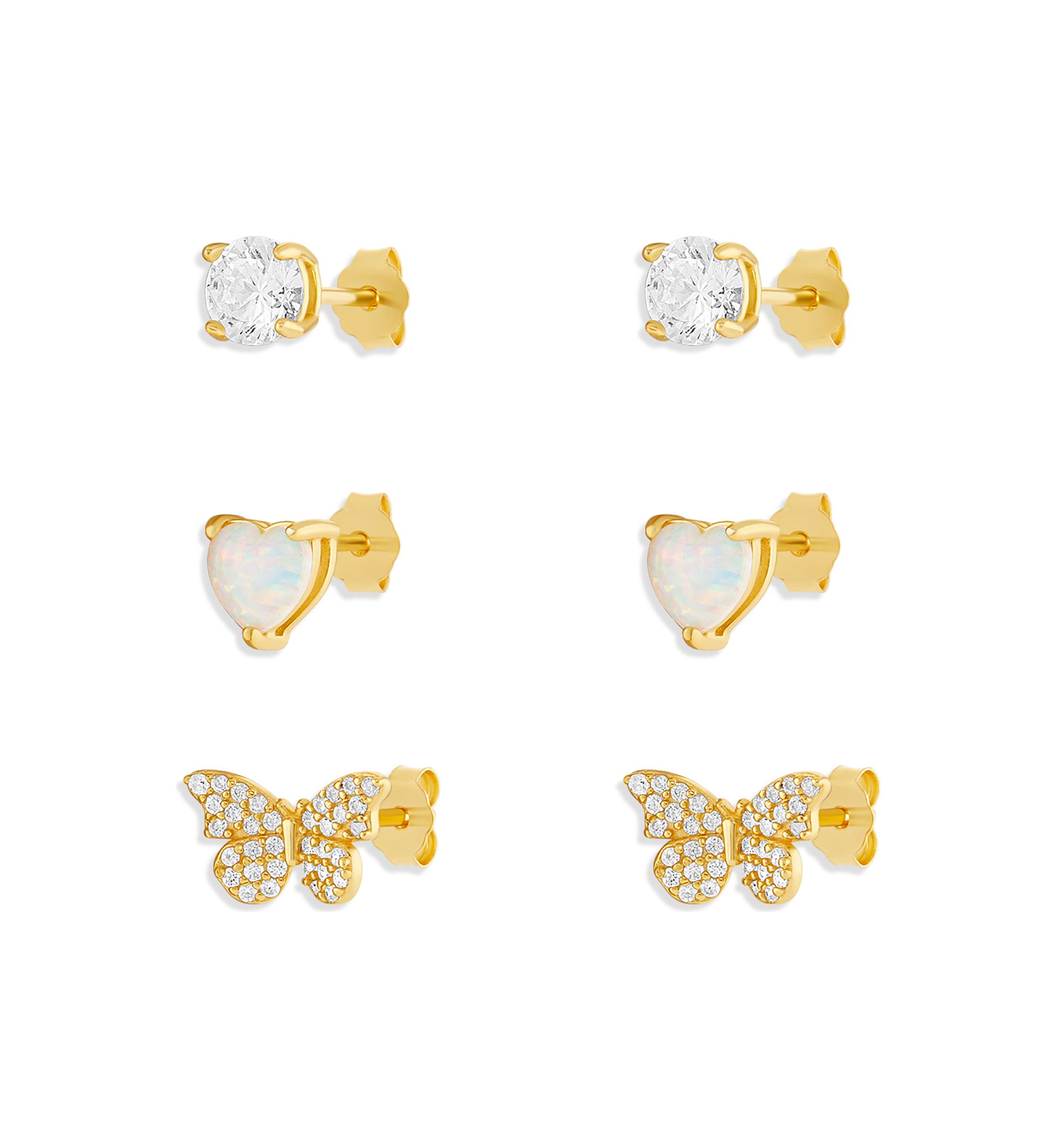 Round Cubic Zirconia Opal Heart Pavé Cubic Zirconia Butterfly Studs Set