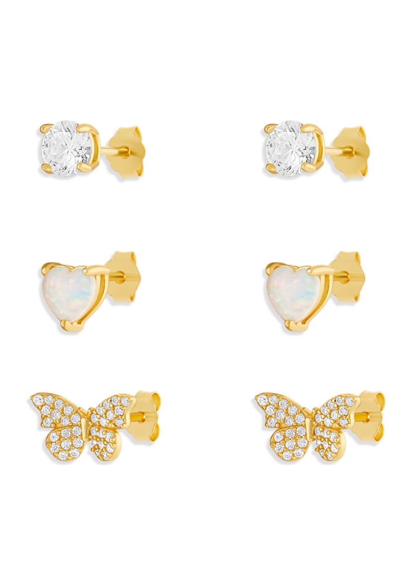 Round Cubic Zirconia Opal Heart Pavé Cubic Zirconia Butterfly Studs Set