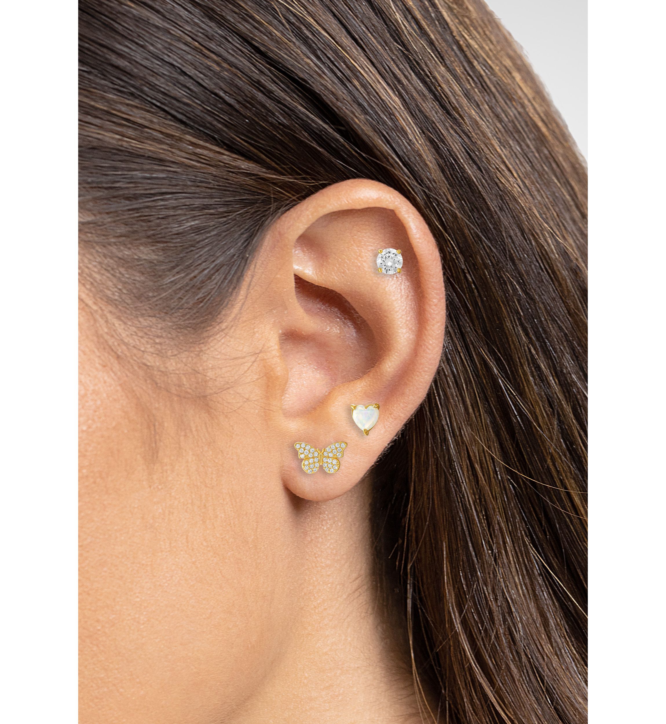 Round Cubic Zirconia Opal Heart Pavé Cubic Zirconia Butterfly Studs Set