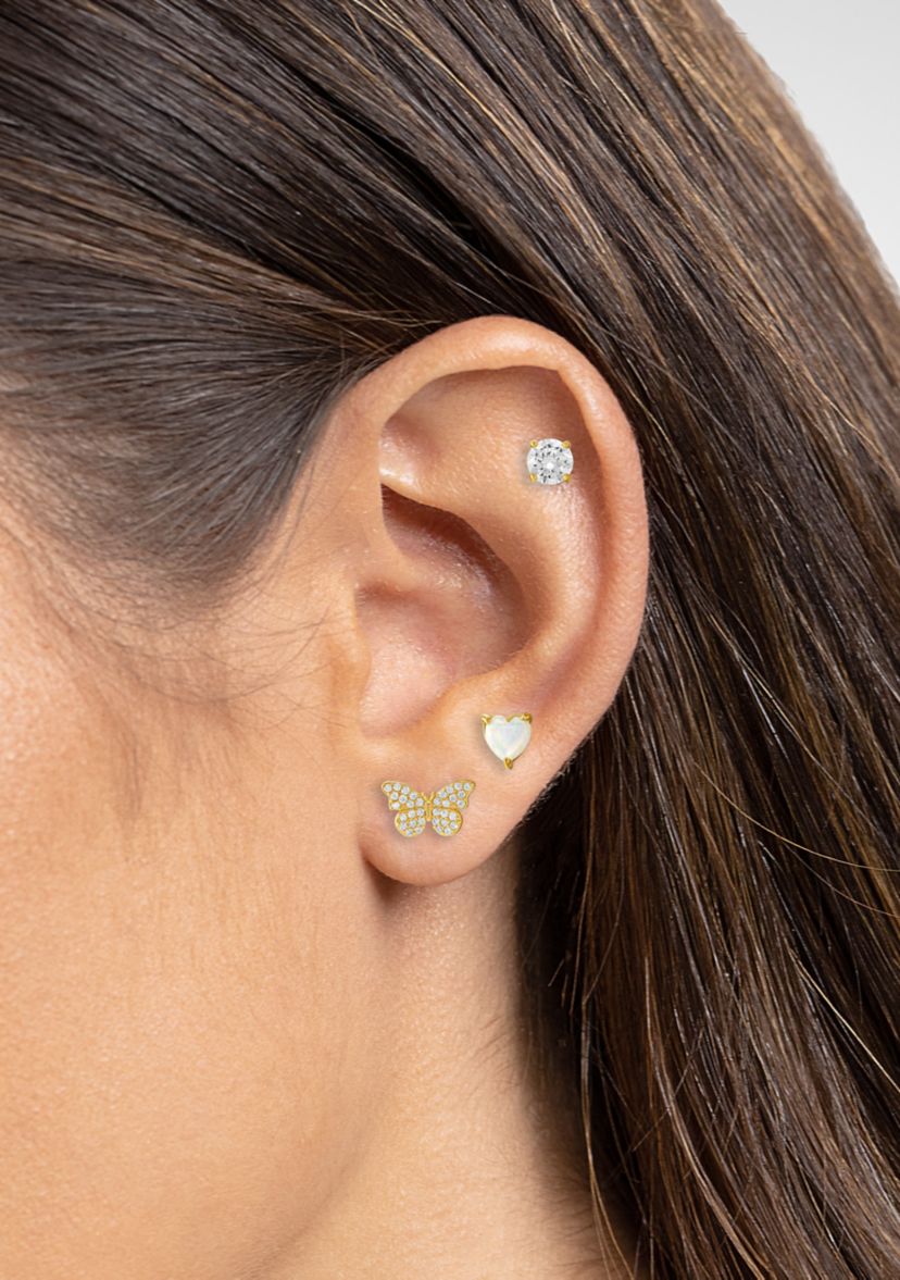Round Cubic Zirconia Opal Heart Pavé Cubic Zirconia Butterfly Studs Set