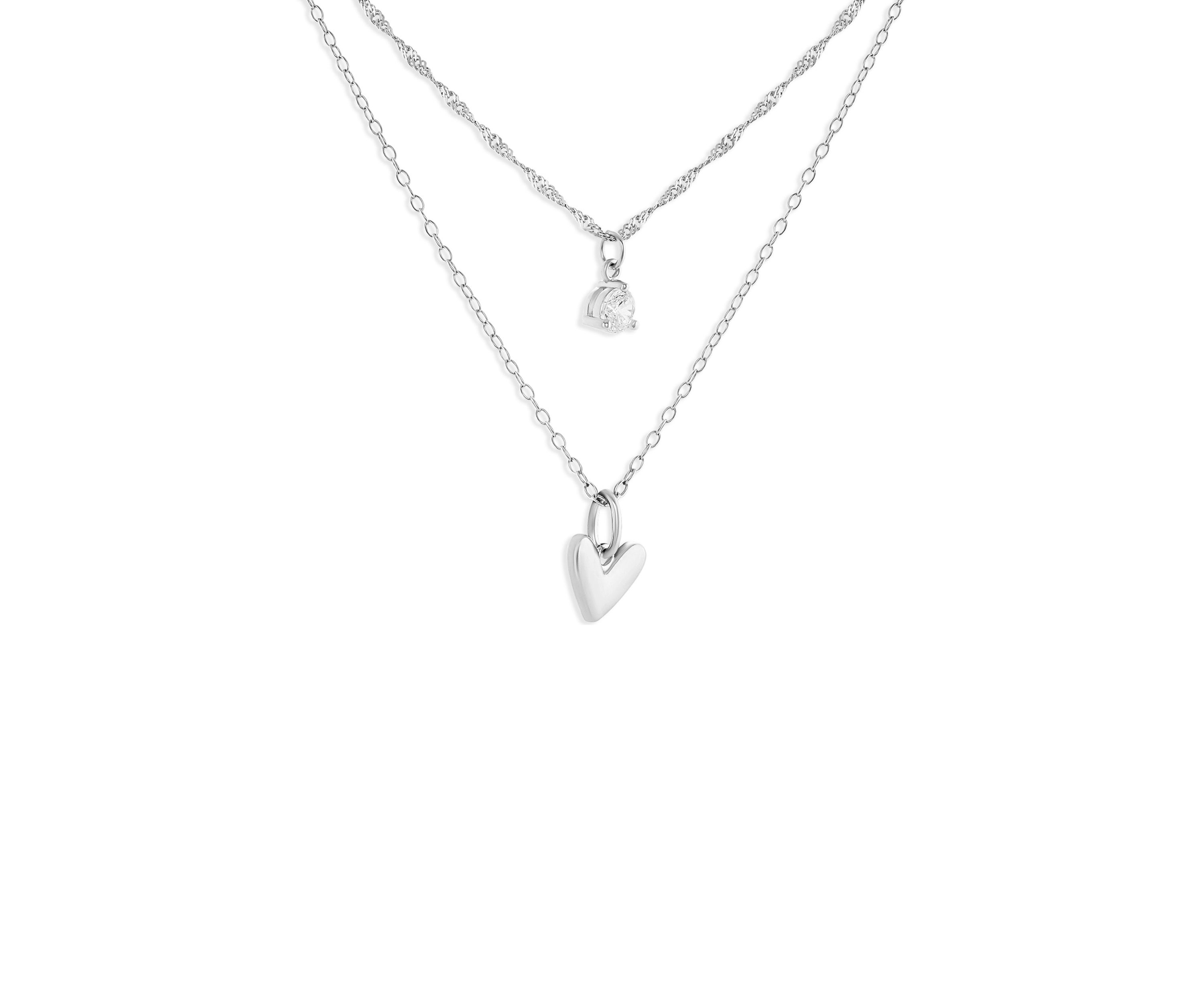 Sterling Silver Singapore Cable Double Layered Heart & Round Cubic Zirconia Necklace