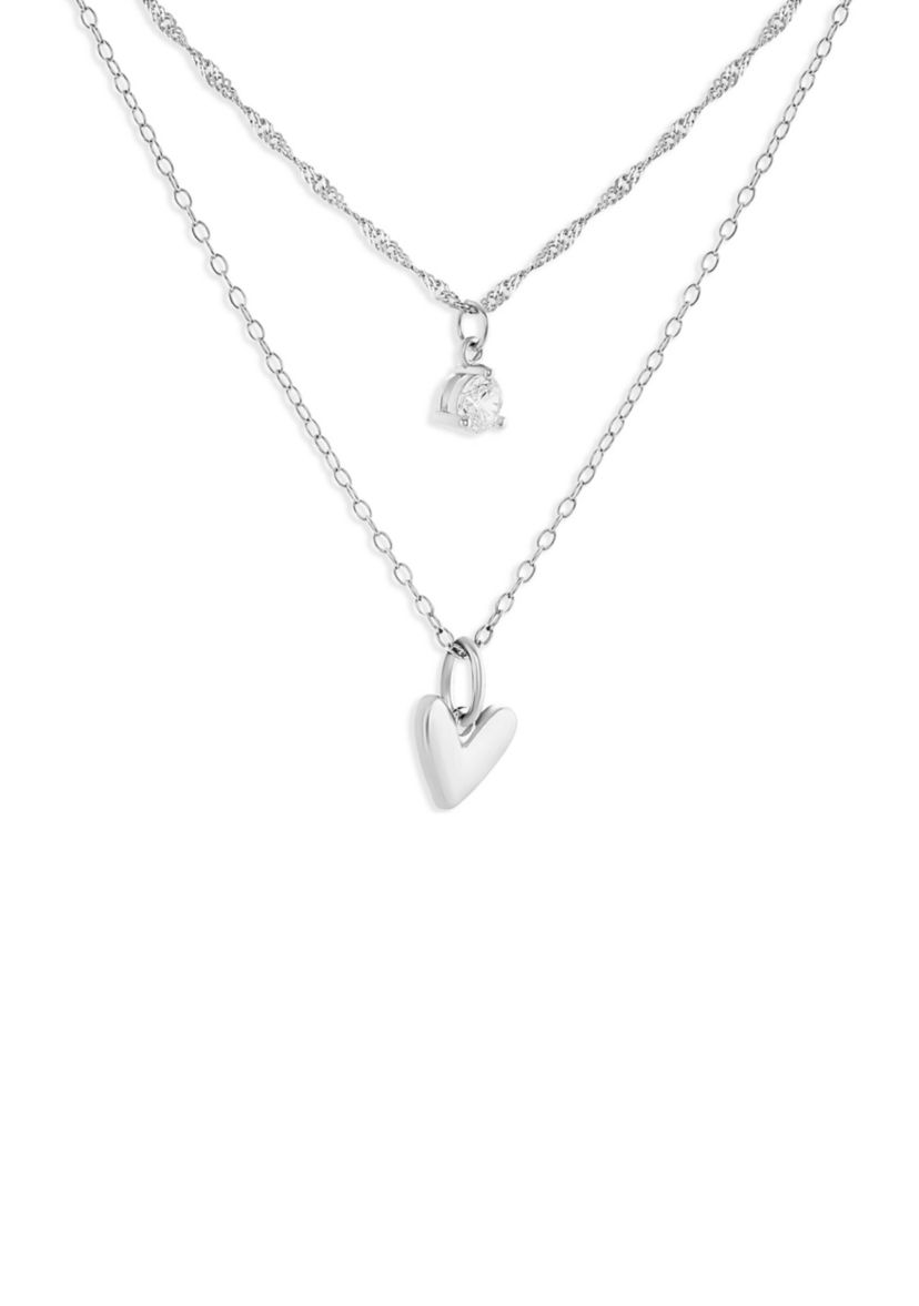 Sterling Silver Singapore Cable Double Layered Heart & Round Cubic Zirconia Necklace