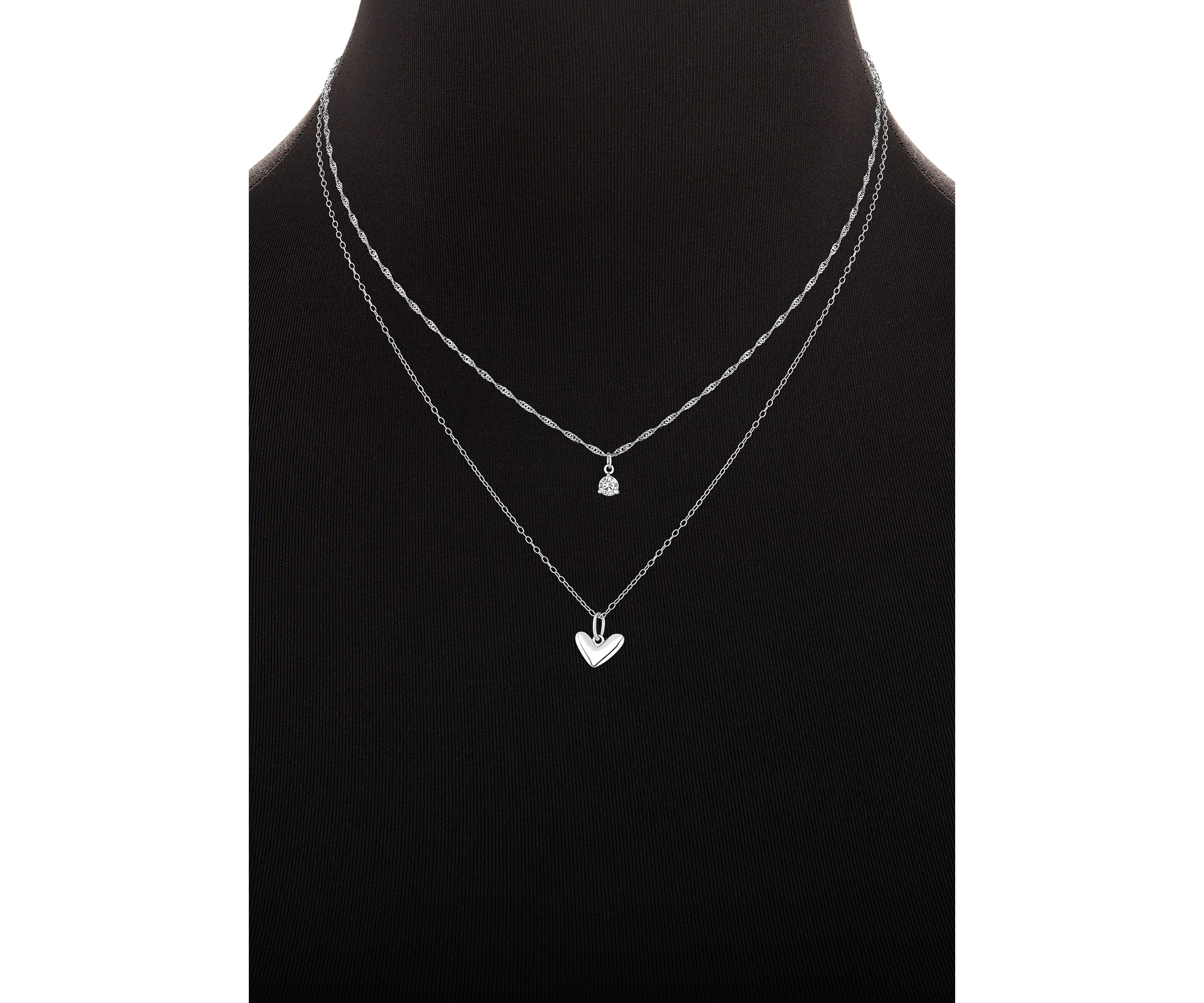 Sterling Silver Singapore Cable Double Layered Heart & Round Cubic Zirconia Necklace