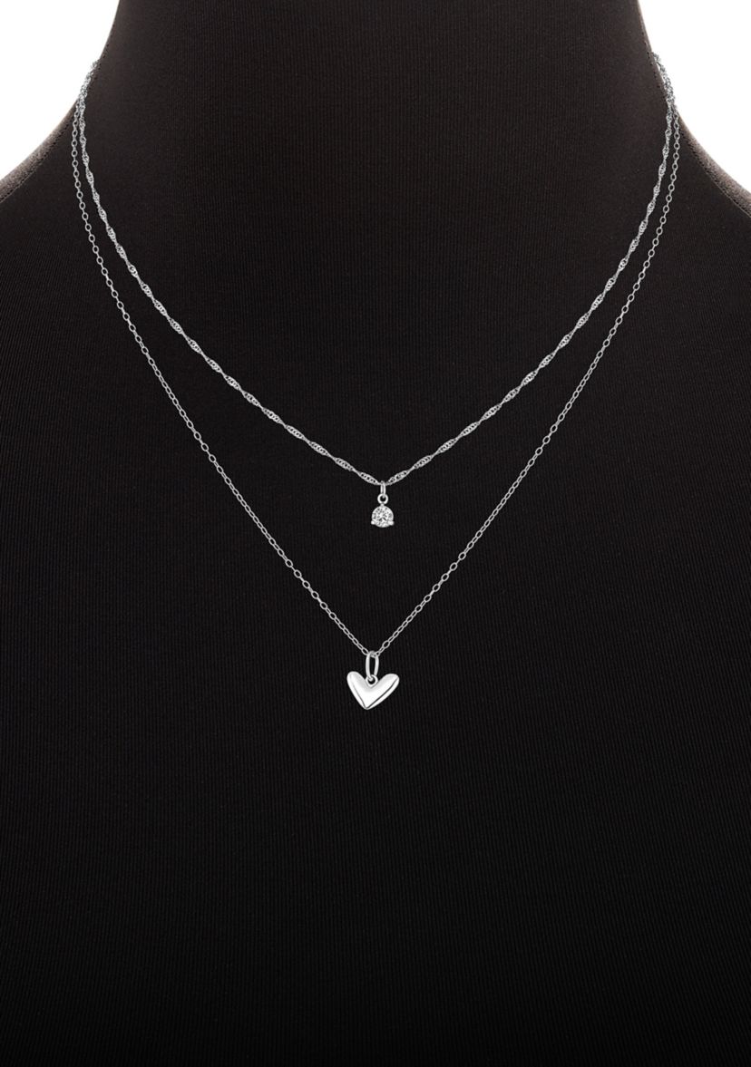 Sterling Silver Singapore Cable Double Layered Heart & Round Cubic Zirconia Necklace