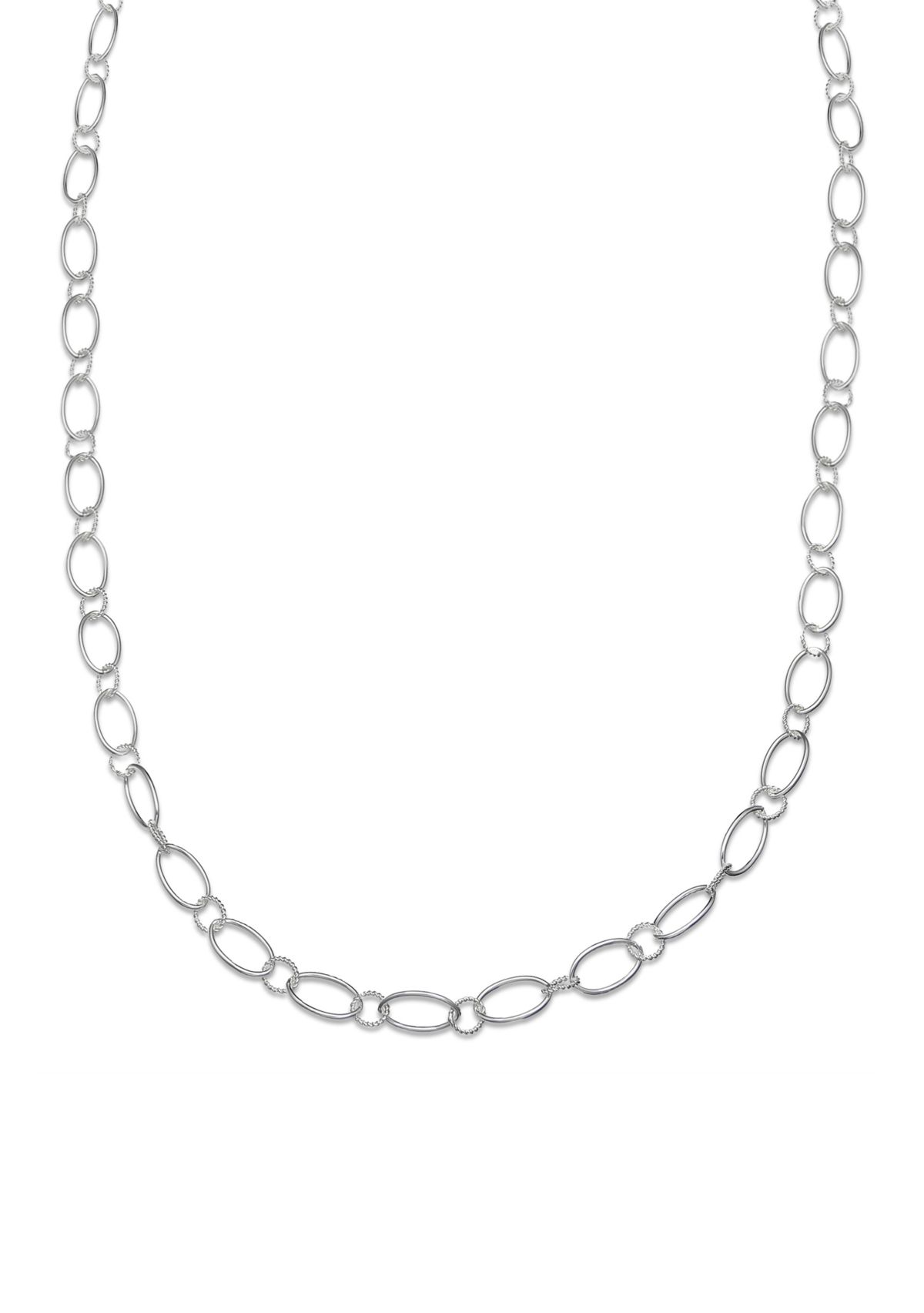 Fine Silver Plated Long Oval Textured Chain Necklace