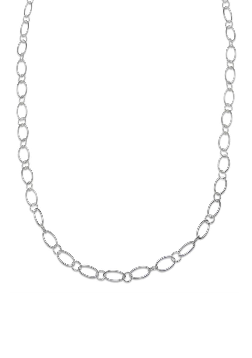 Fine Silver Plated Long Oval Textured Chain Necklace