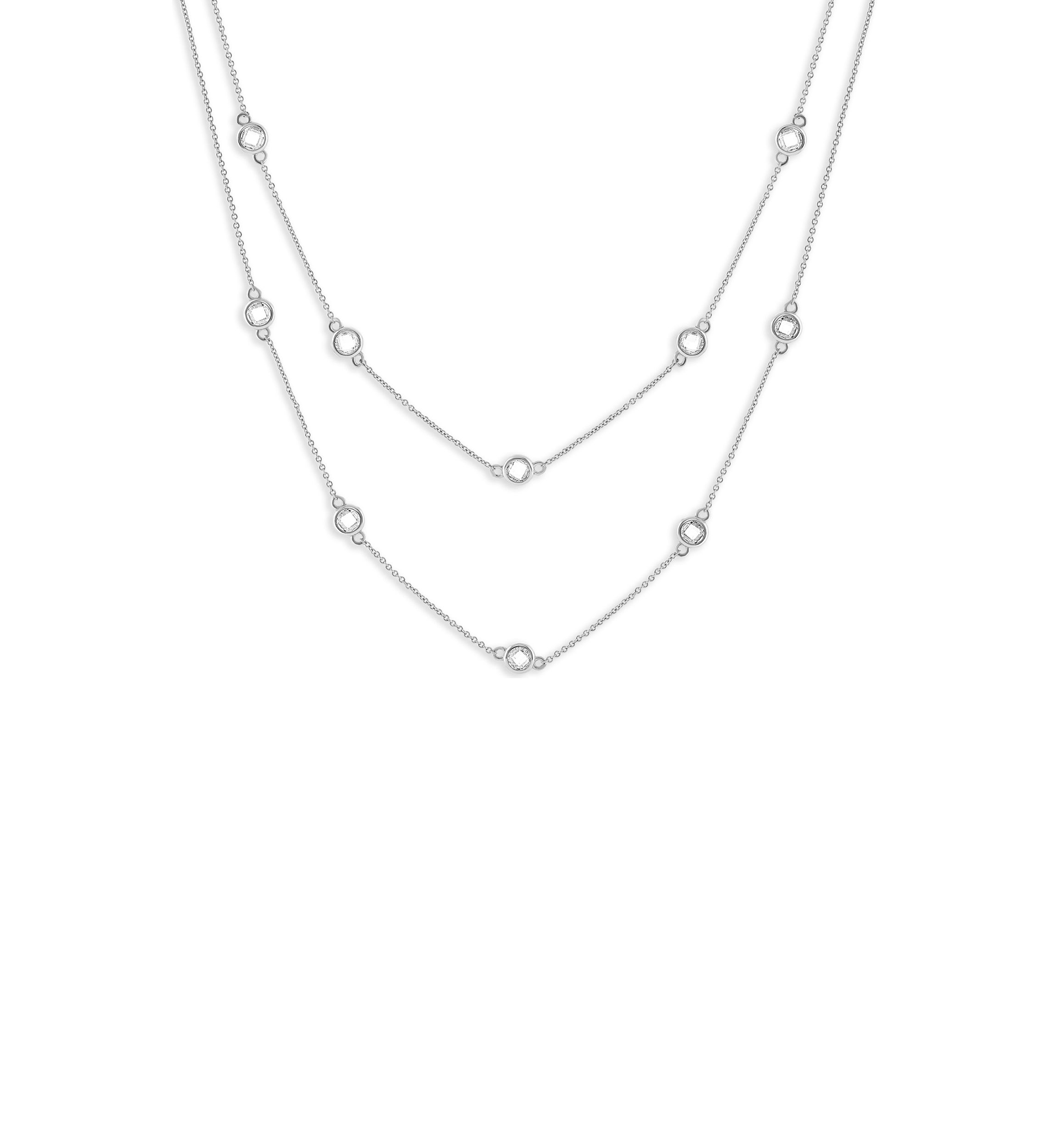 Plated Cubic Zirconia Bezel Stations Double Strand Necklace