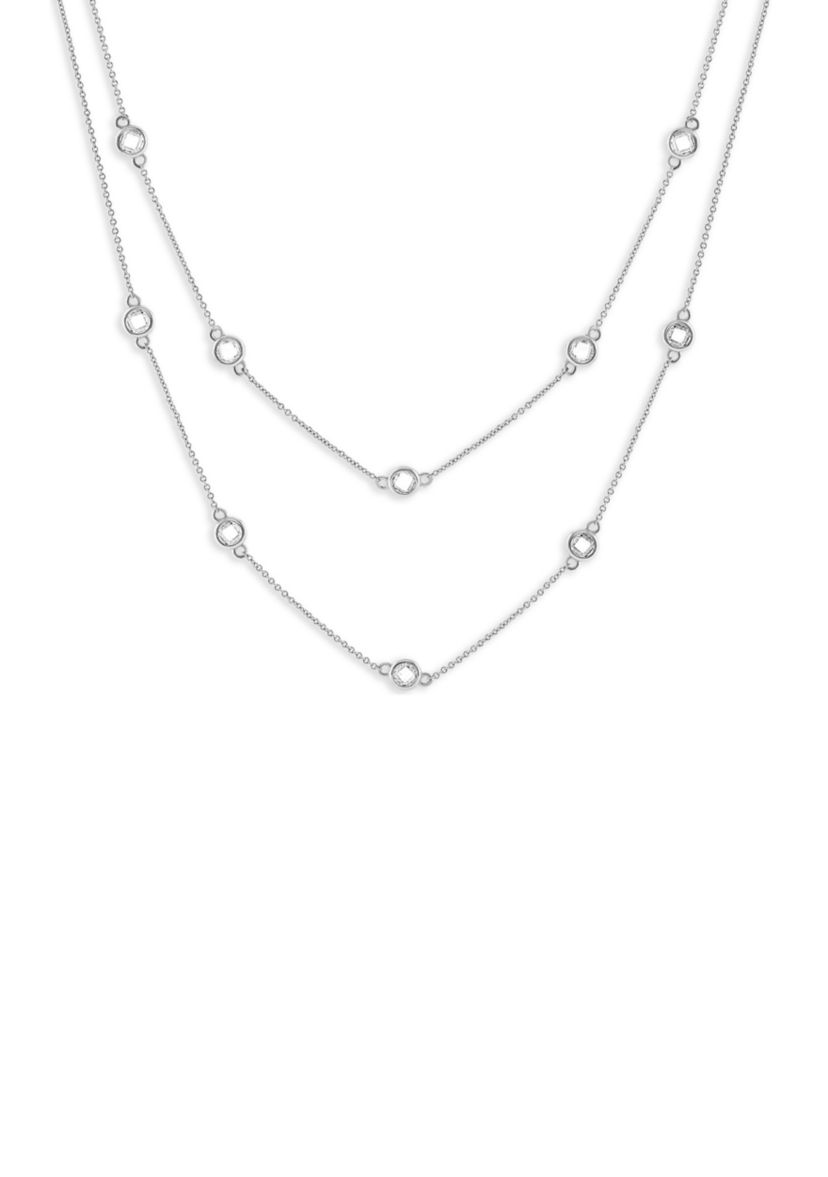Plated Cubic Zirconia Bezel Stations Double Strand Necklace