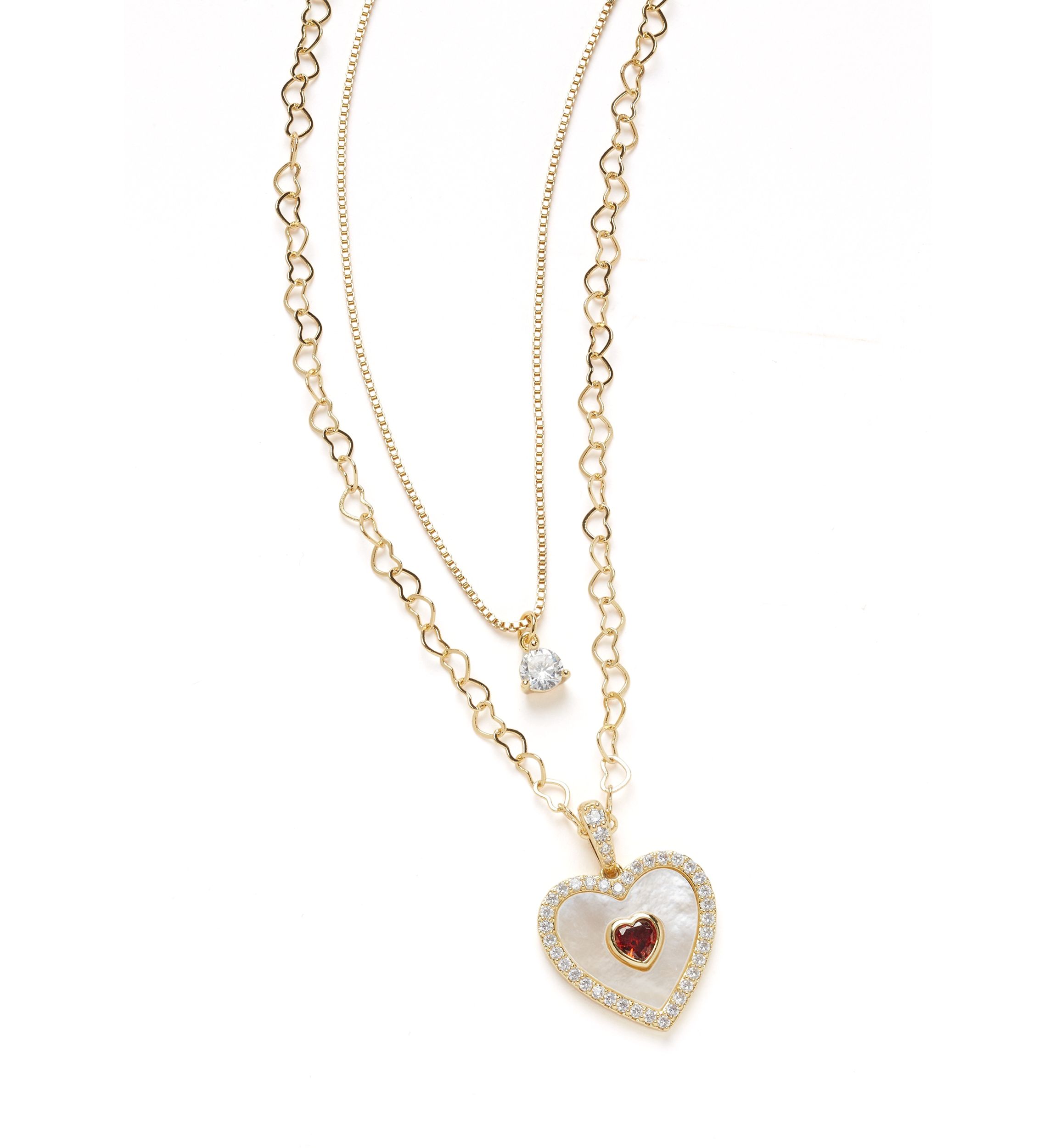 Gold Plated Layered Mother of Pearl Red Heart Necklace