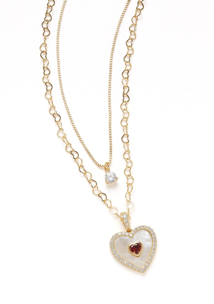 Gold Plated Layered Mother of Pearl Red Heart Necklace
