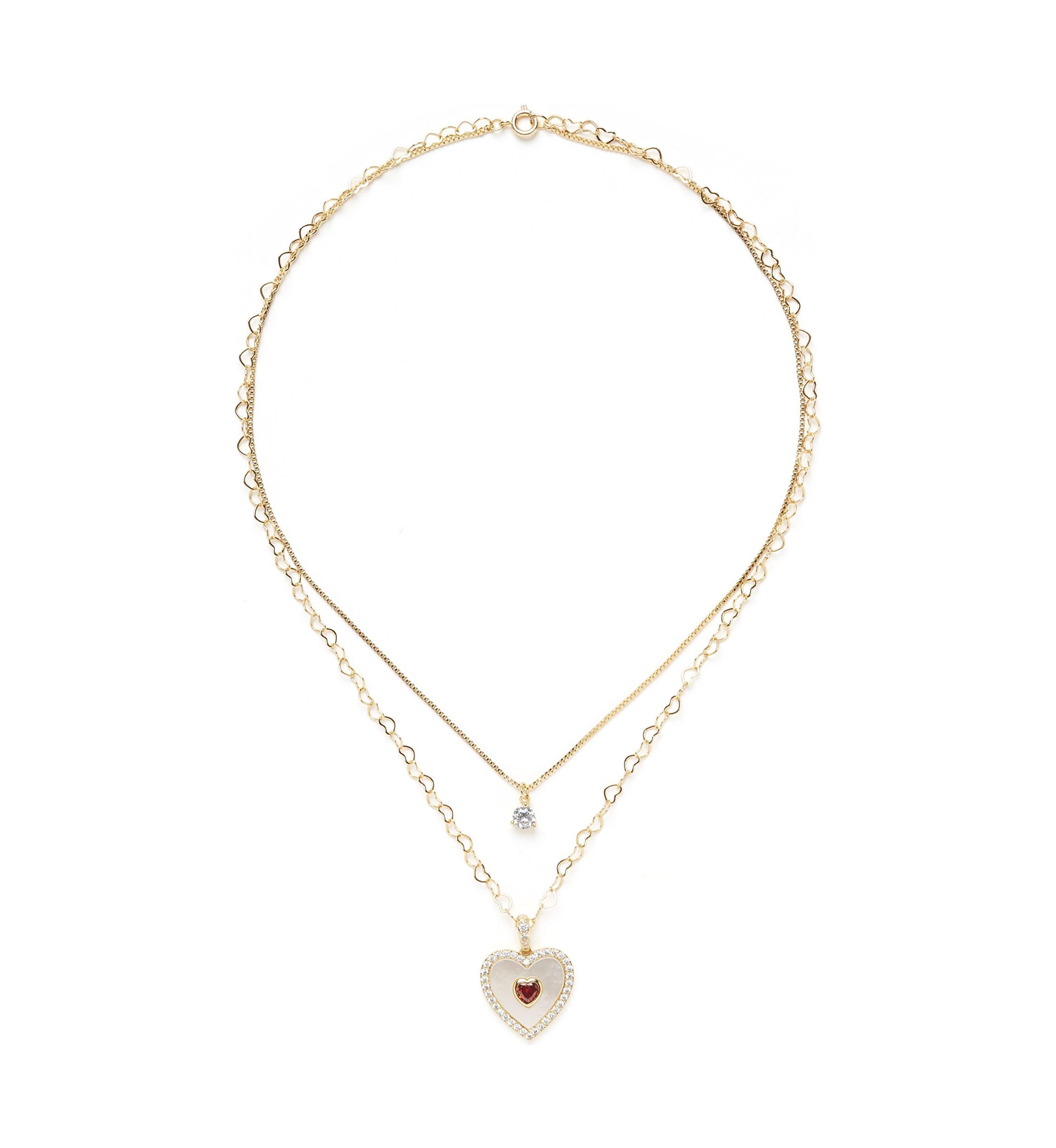 Gold Plated Layered Mother of Pearl Red Heart Necklace