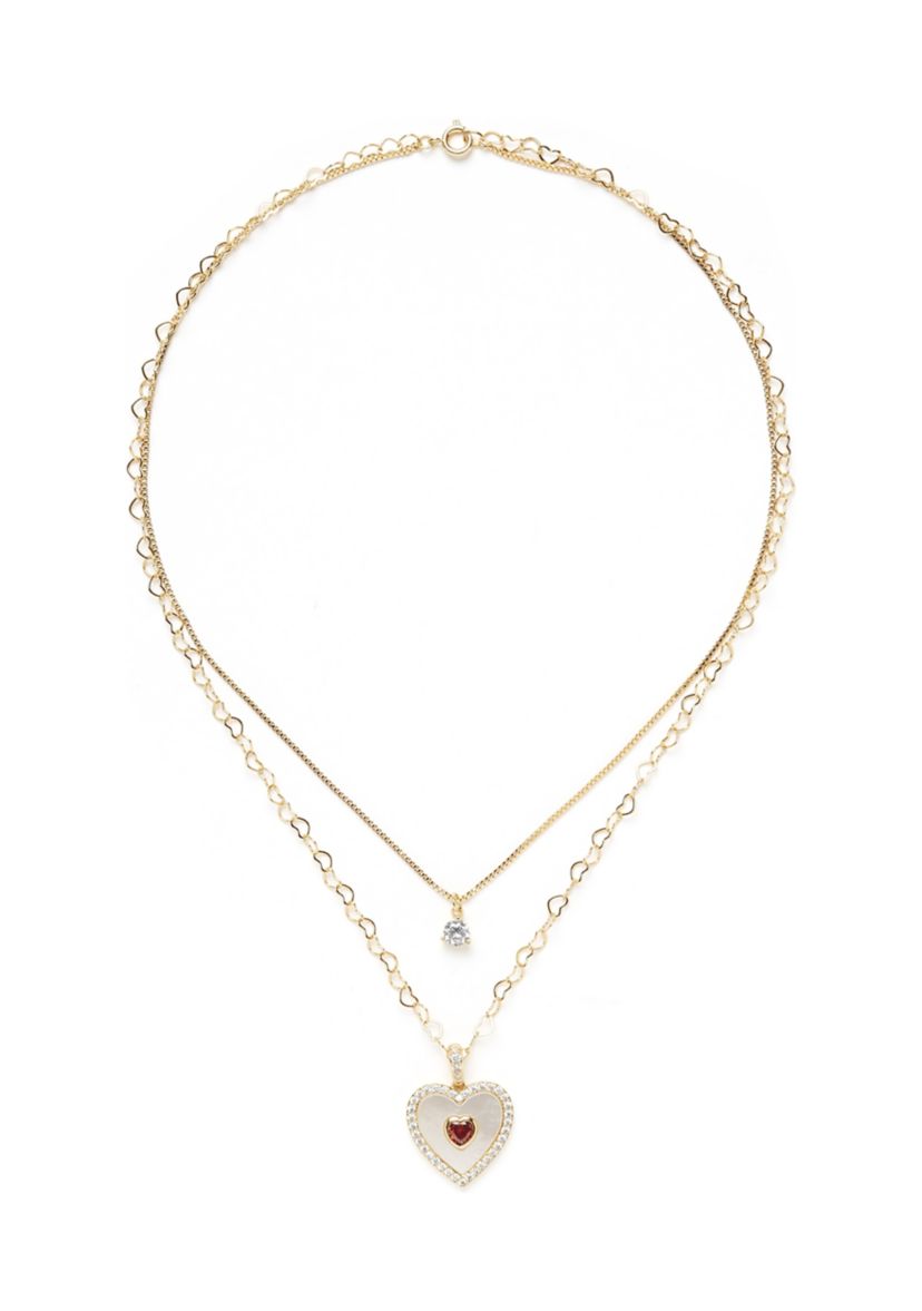 Gold Plated Layered Mother of Pearl Red Heart Necklace