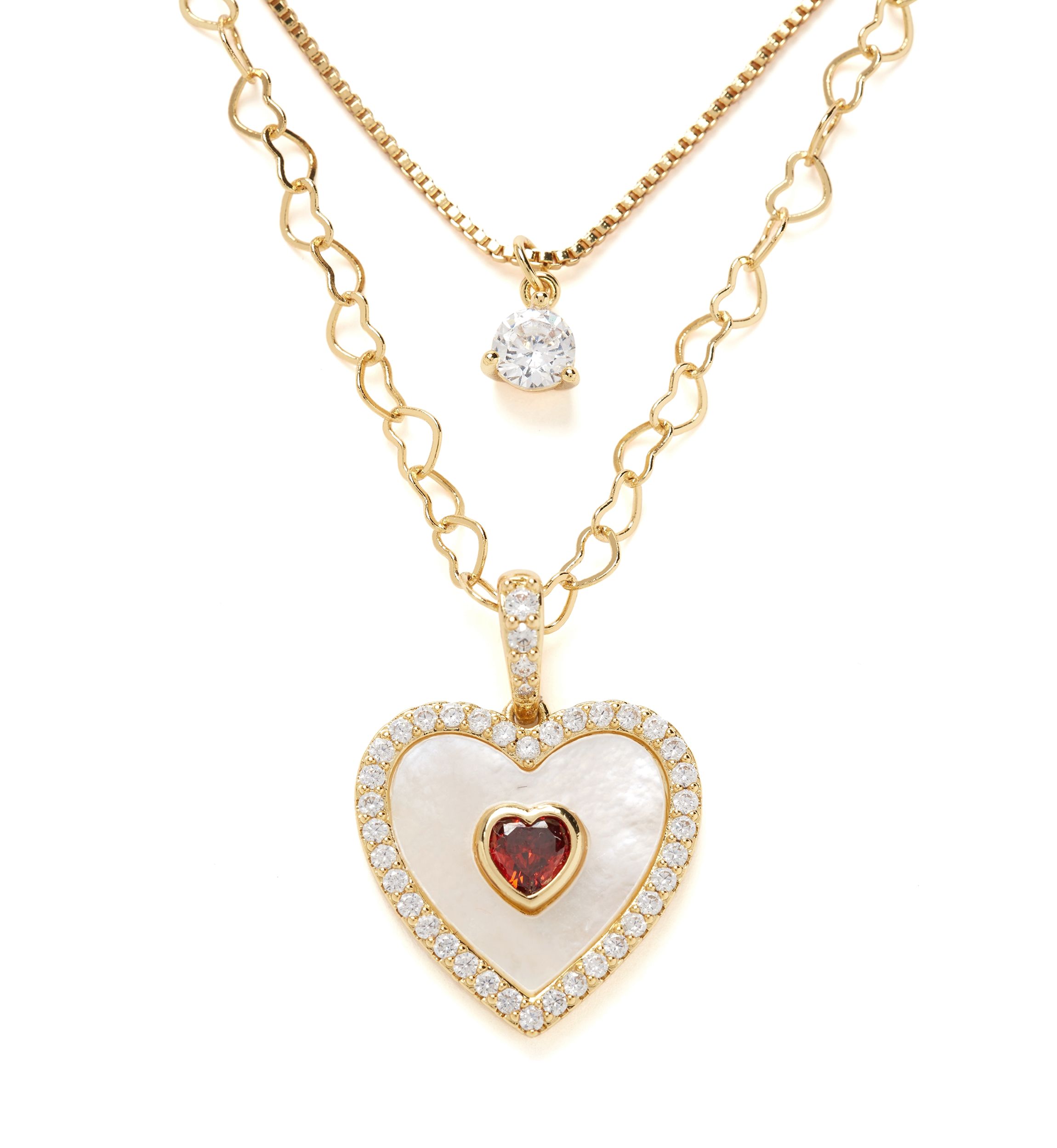 Gold Plated Layered Mother of Pearl Red Heart Necklace