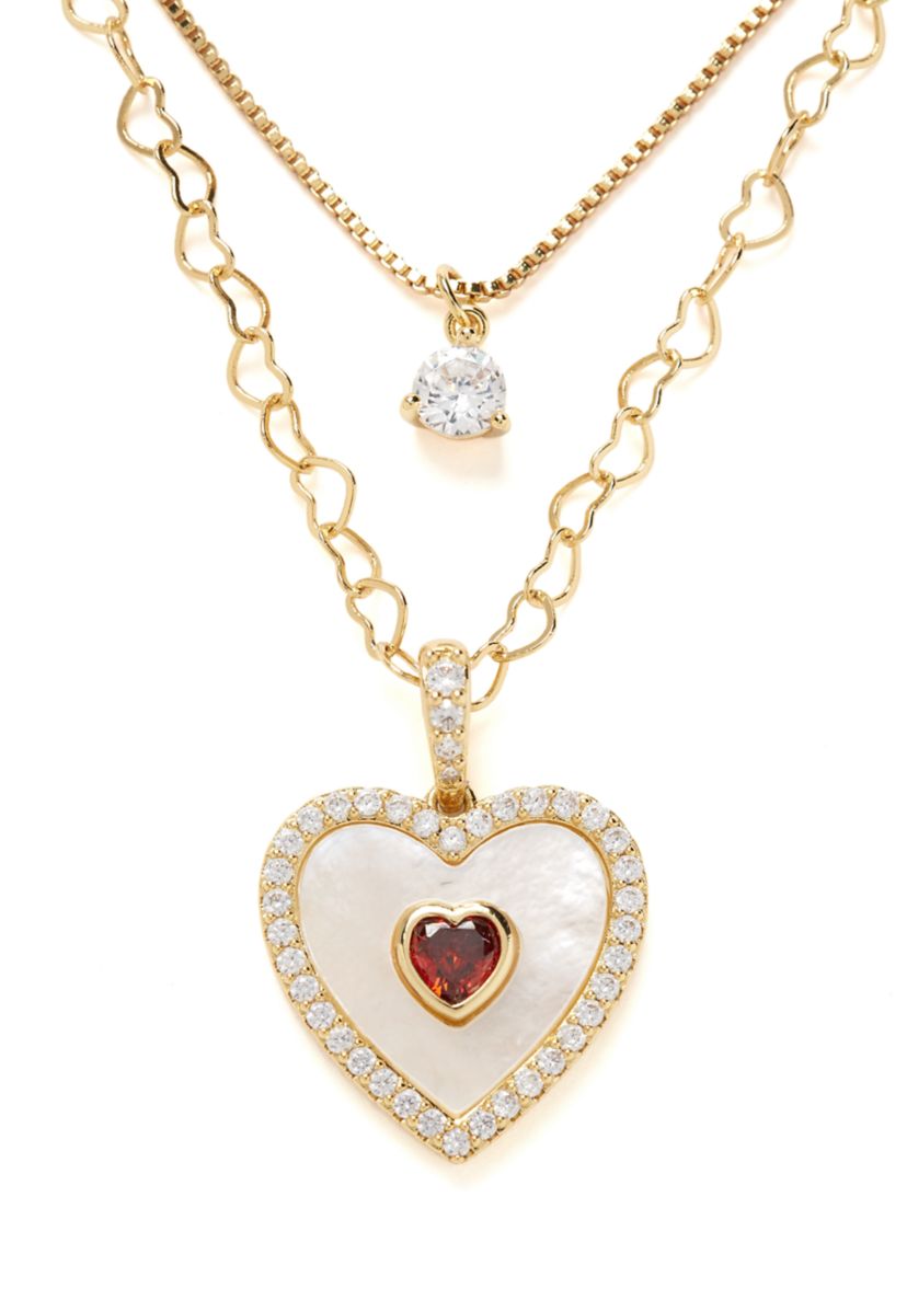 Gold Plated Layered Mother of Pearl Red Heart Necklace