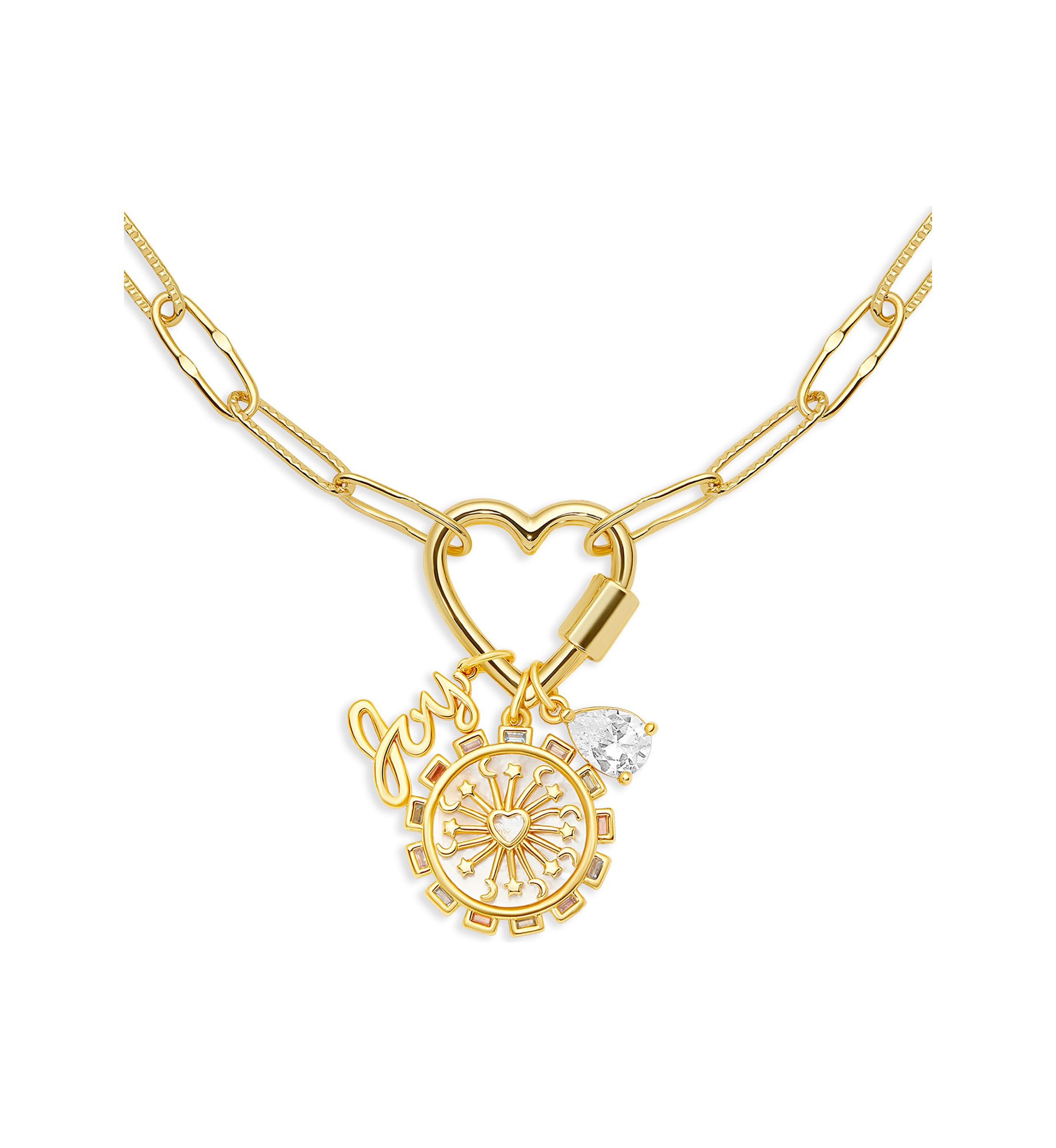 Gold Plated Multi Charm Heart Carabiner Necklace