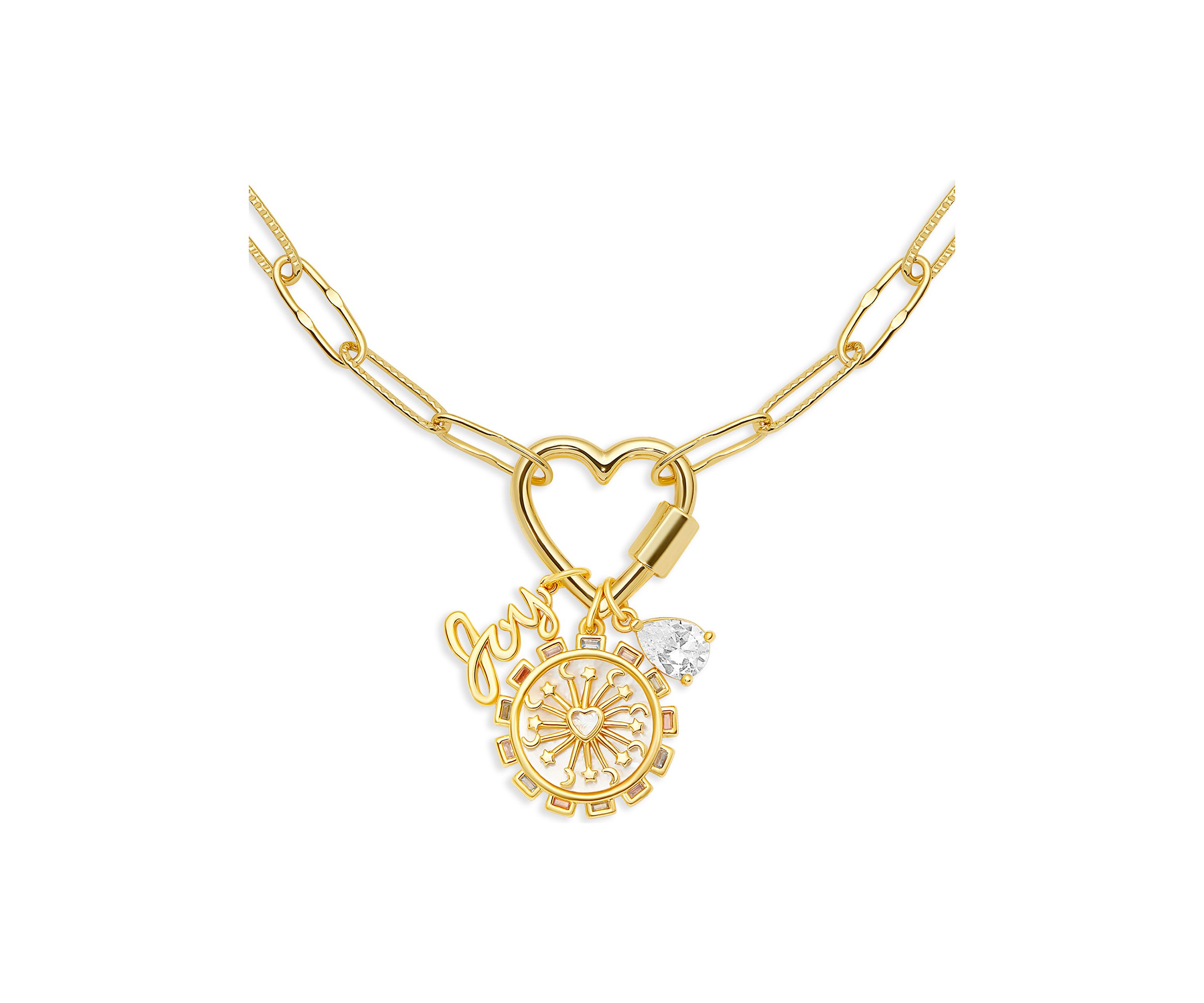 Gold Plated Multi Charm Heart Carabiner Necklace