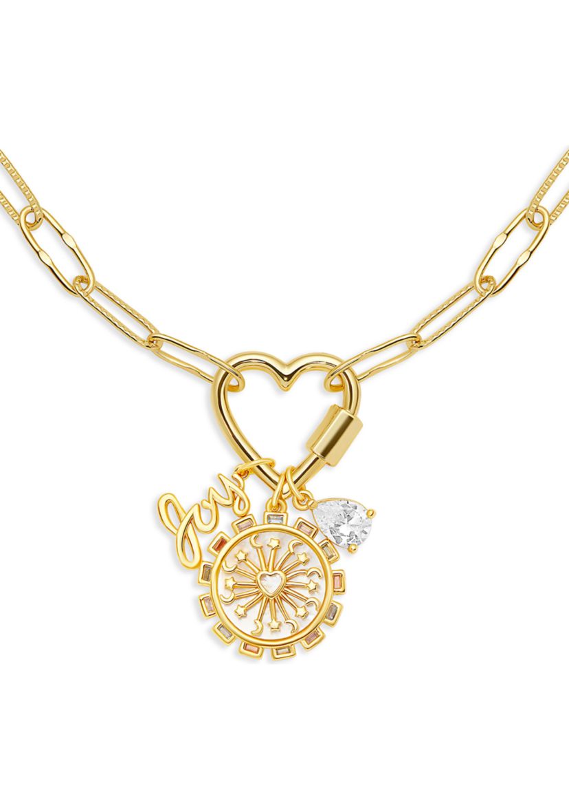 Gold Plated Multi Charm Heart Carabiner Necklace