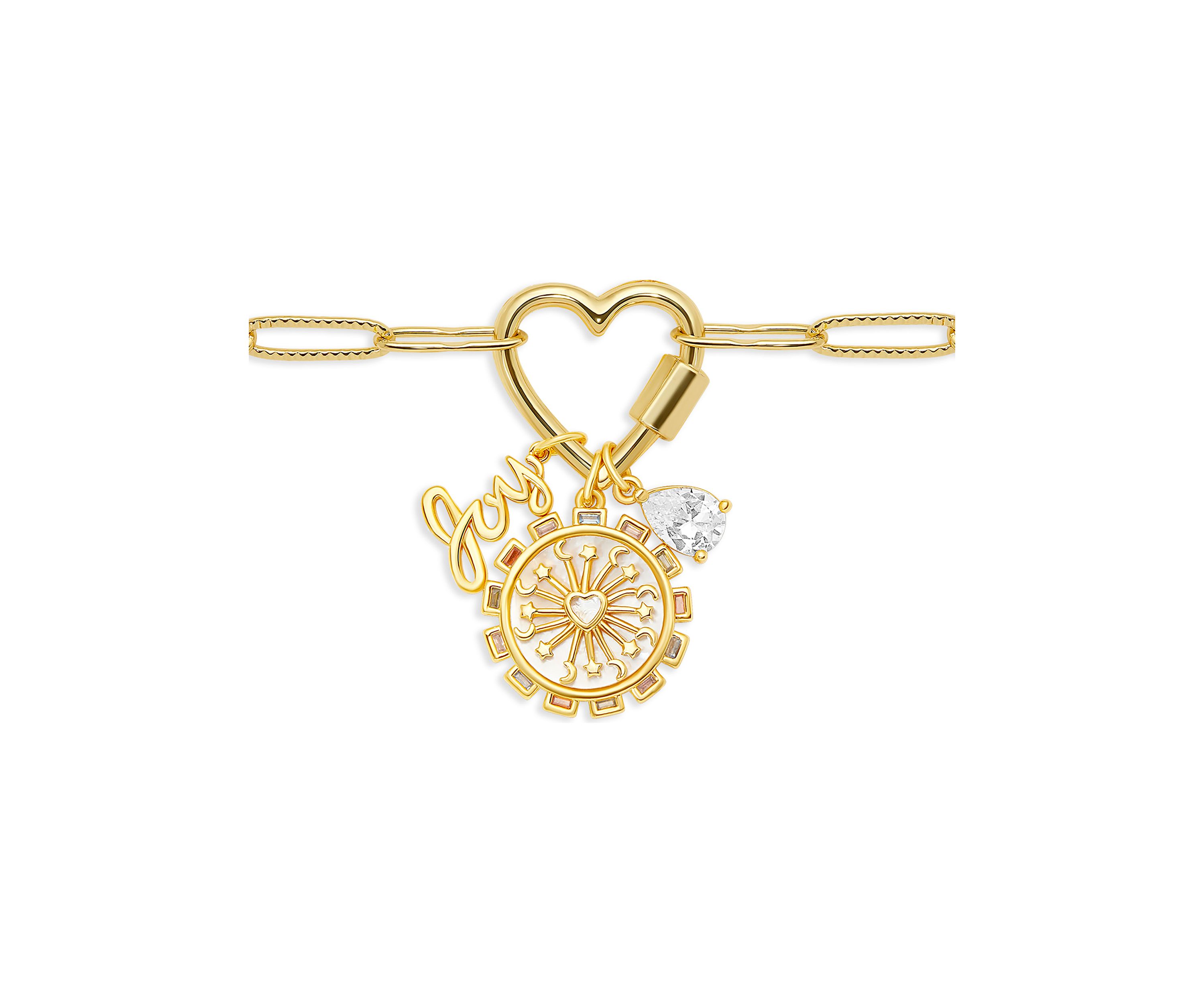 Gold Plated Multi Charm Heart Carabiner Necklace