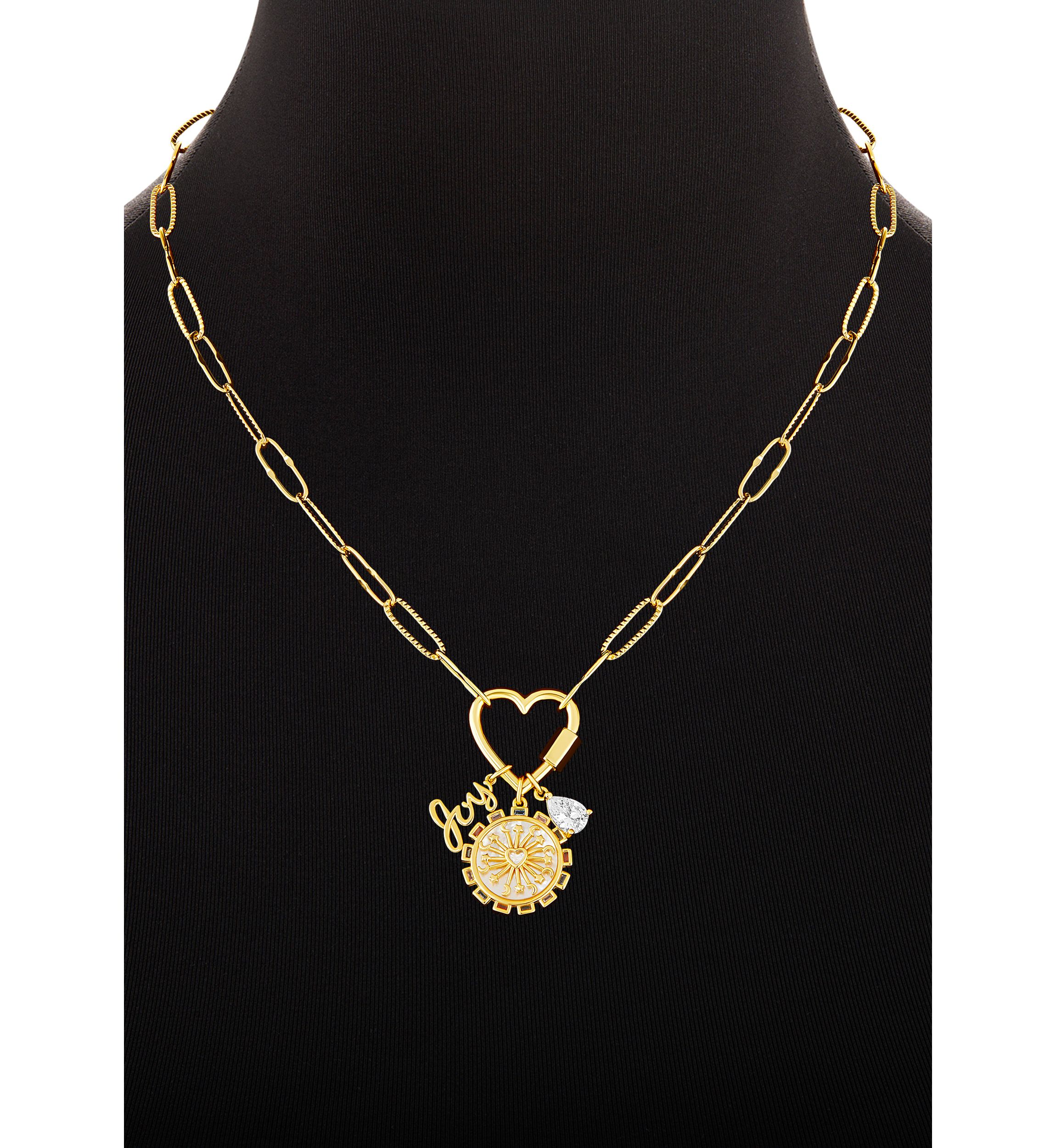 Gold Plated Multi Charm Heart Carabiner Necklace