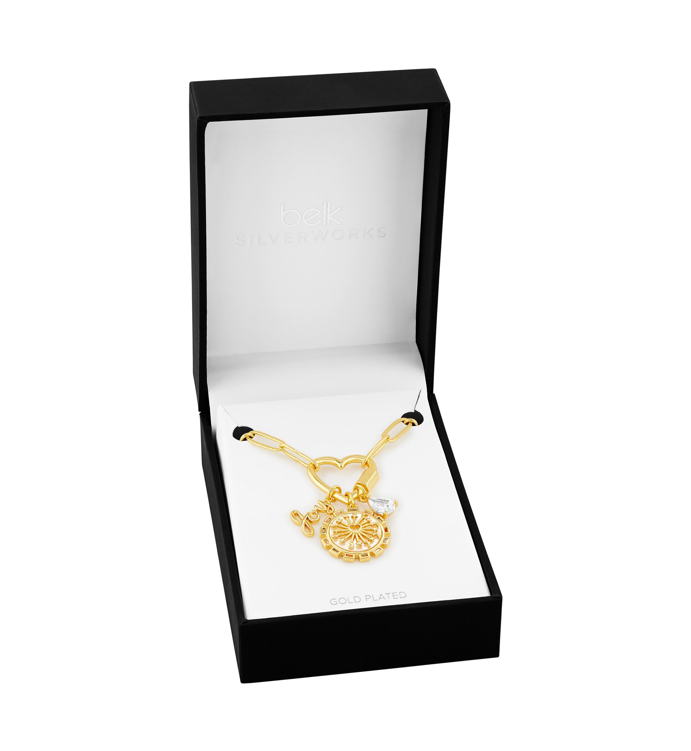 Gold Plated Multi Charm Heart Carabiner Necklace