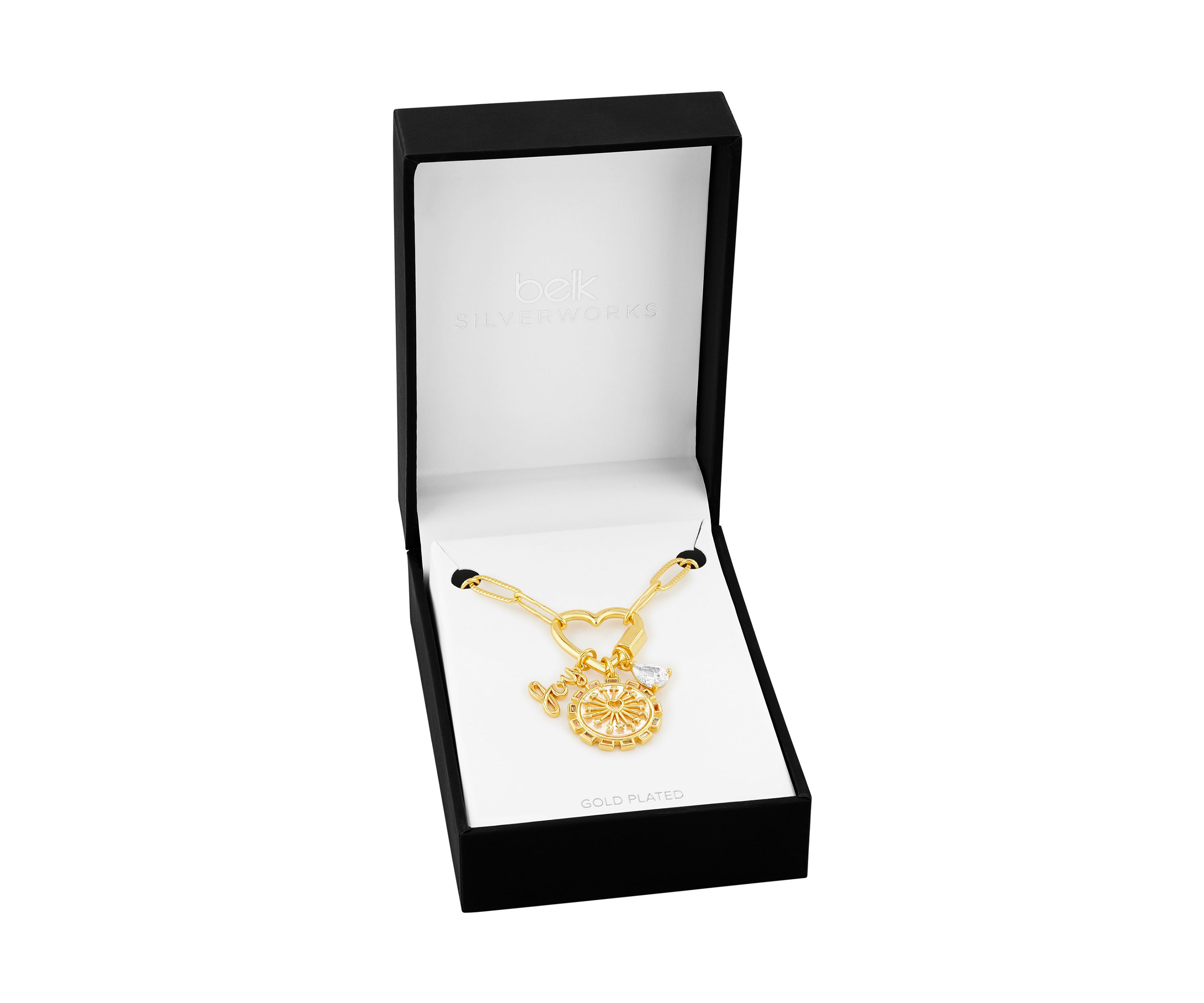 Gold Plated Multi Charm Heart Carabiner Necklace