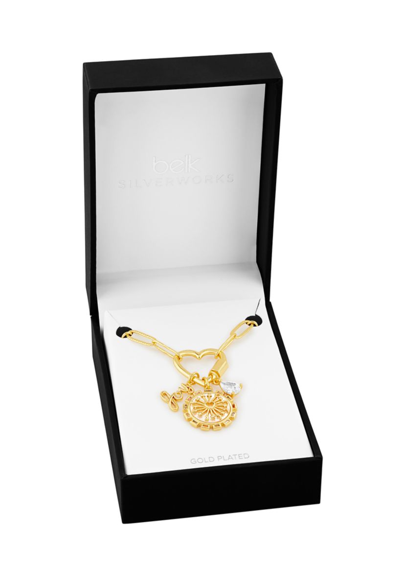 Gold Plated Multi Charm Heart Carabiner Necklace