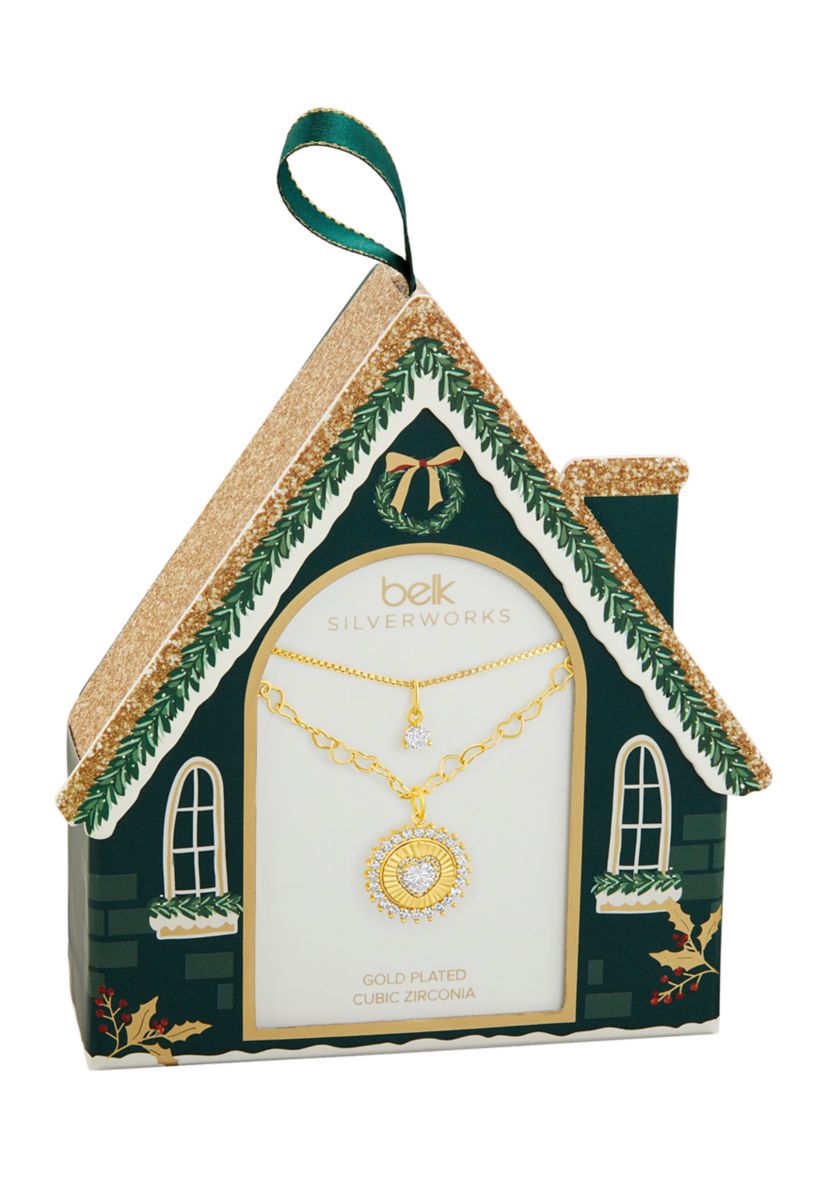 Gold Plated Cubic Zirconia Box and Heart Chain Heart Coin Double Layered Necklace