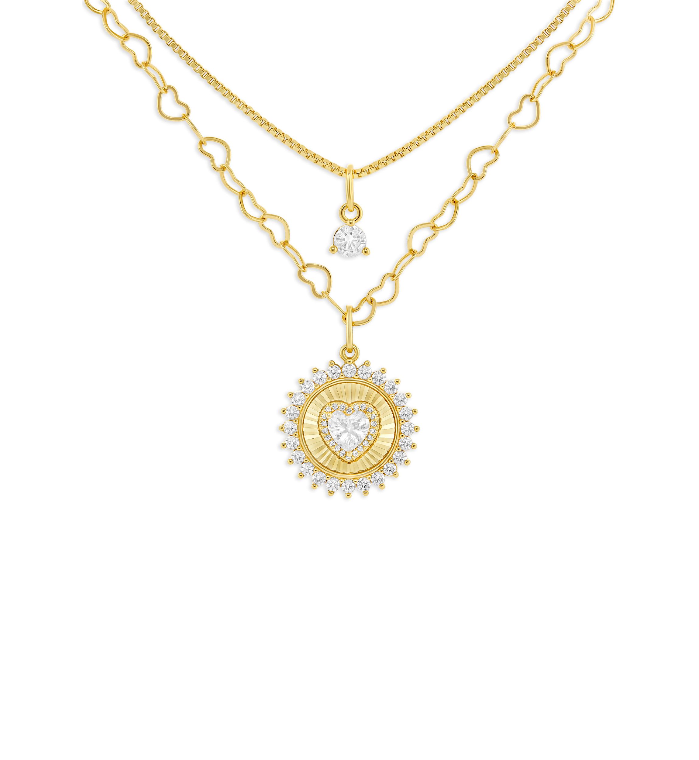 Gold Plated Cubic Zirconia Box and Heart Chain Heart Coin Double Layered Necklace