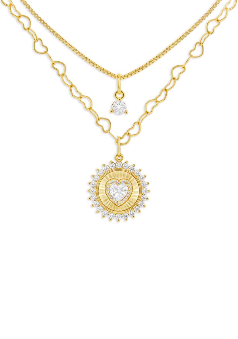Gold Plated Cubic Zirconia Box and Heart Chain Heart Coin Double Layered Necklace