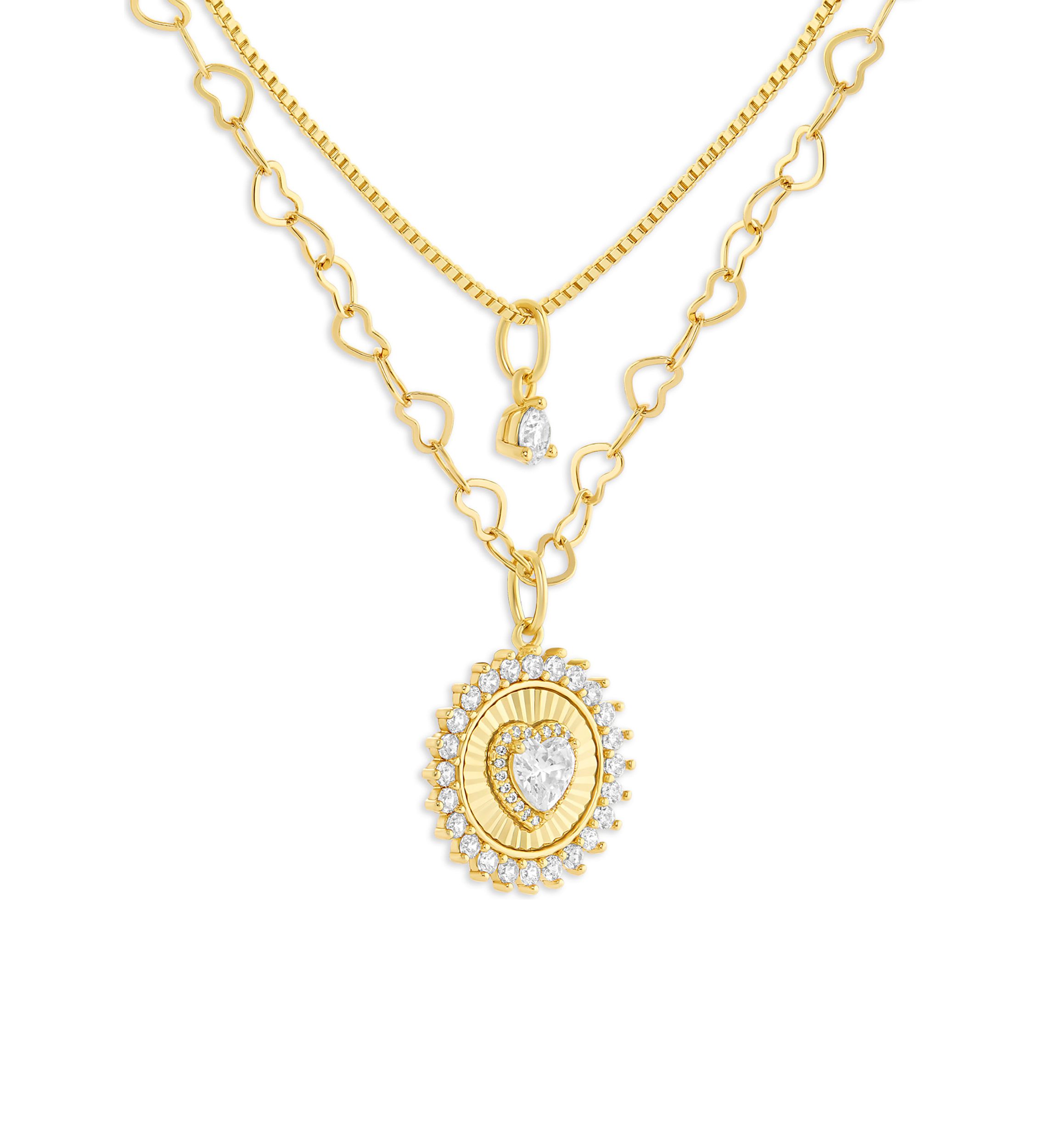 Gold Plated Cubic Zirconia Box and Heart Chain Heart Coin Double Layered Necklace