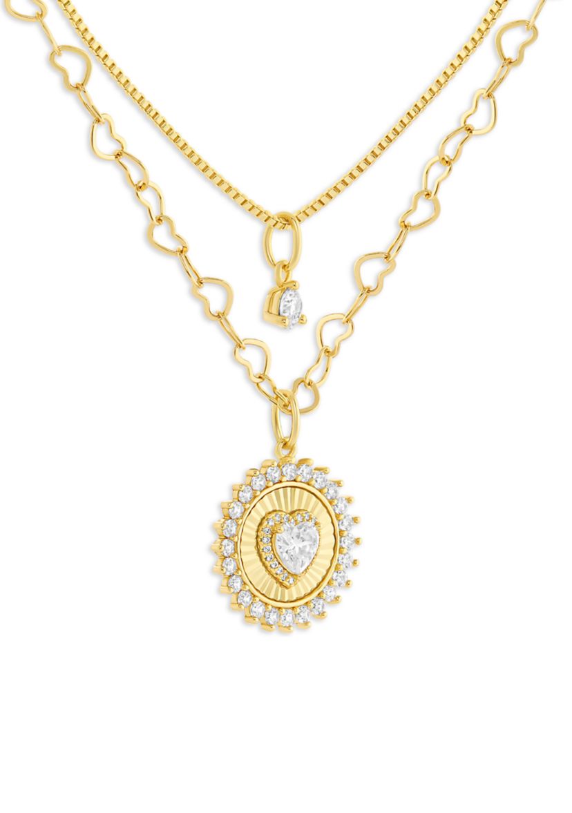Gold Plated Cubic Zirconia Box and Heart Chain Heart Coin Double Layered Necklace