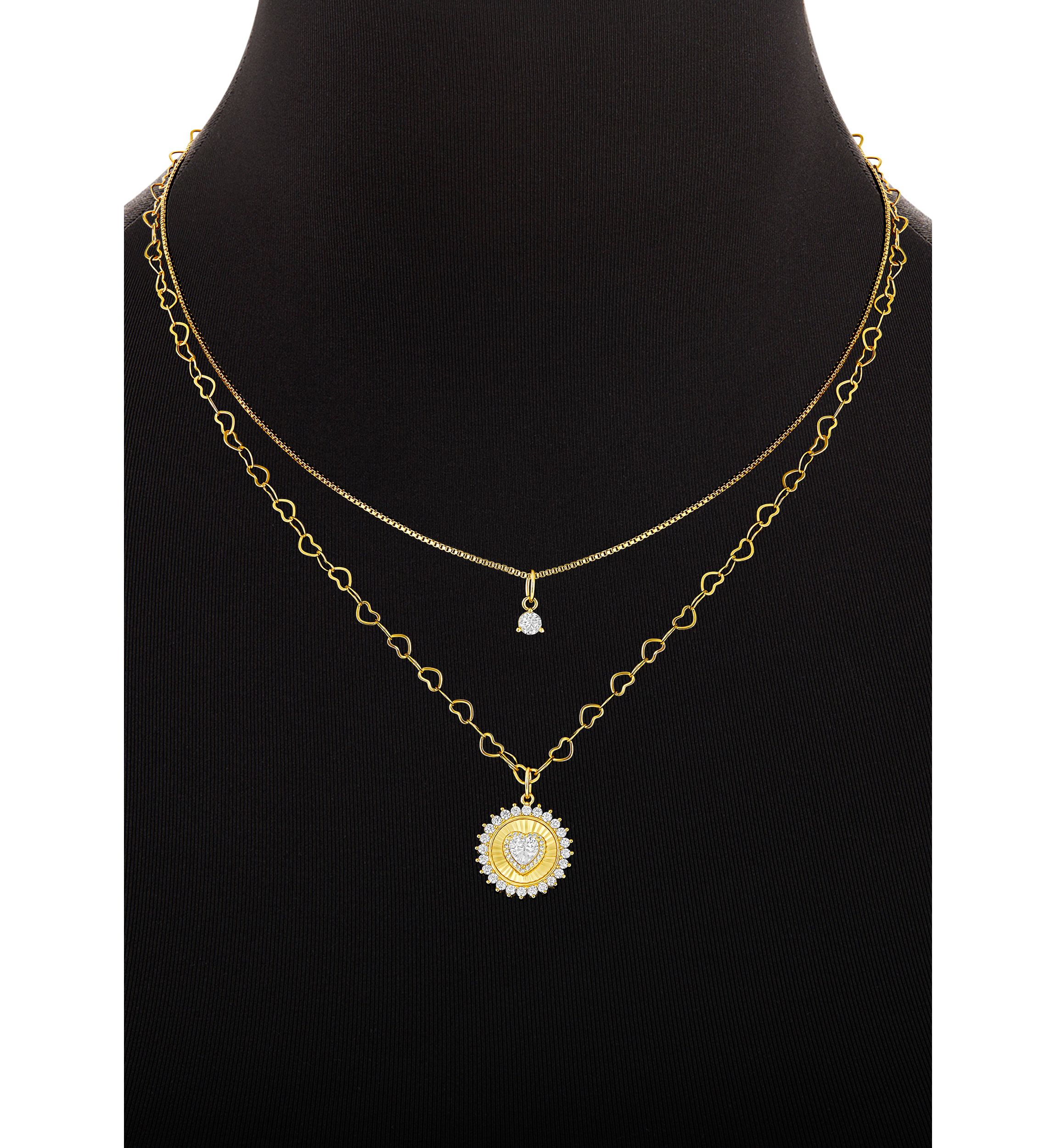Gold Plated Cubic Zirconia Box and Heart Chain Heart Coin Double Layered Necklace