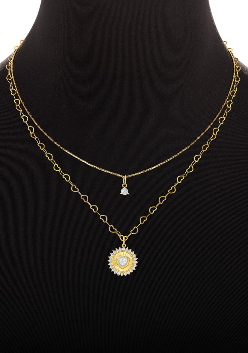 Gold Plated Cubic Zirconia Box and Heart Chain Heart Coin Double Layered Necklace