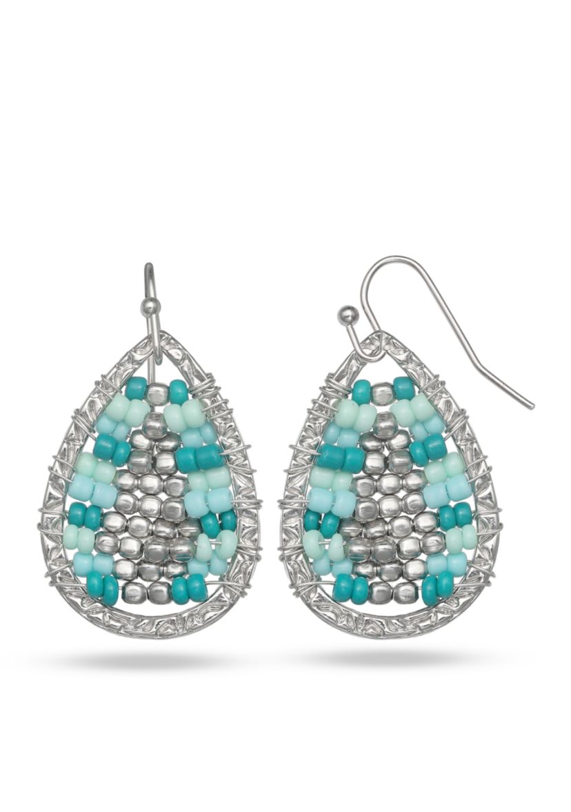Silver-Tone Beaded Teardrop Earrings