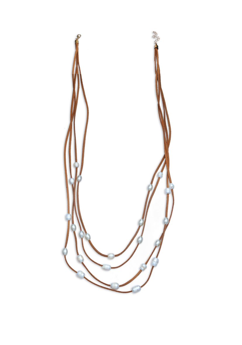 Lab Created Long Multi Row Suede Pearl Necklace 