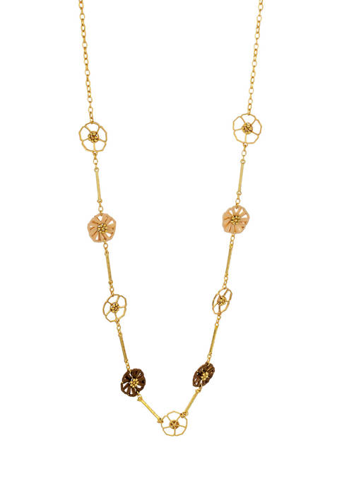 Gold Tone 36 Inch + 3 Inch 1 Row Long Necklace with Open and Woven Natural Flower Station Necklace