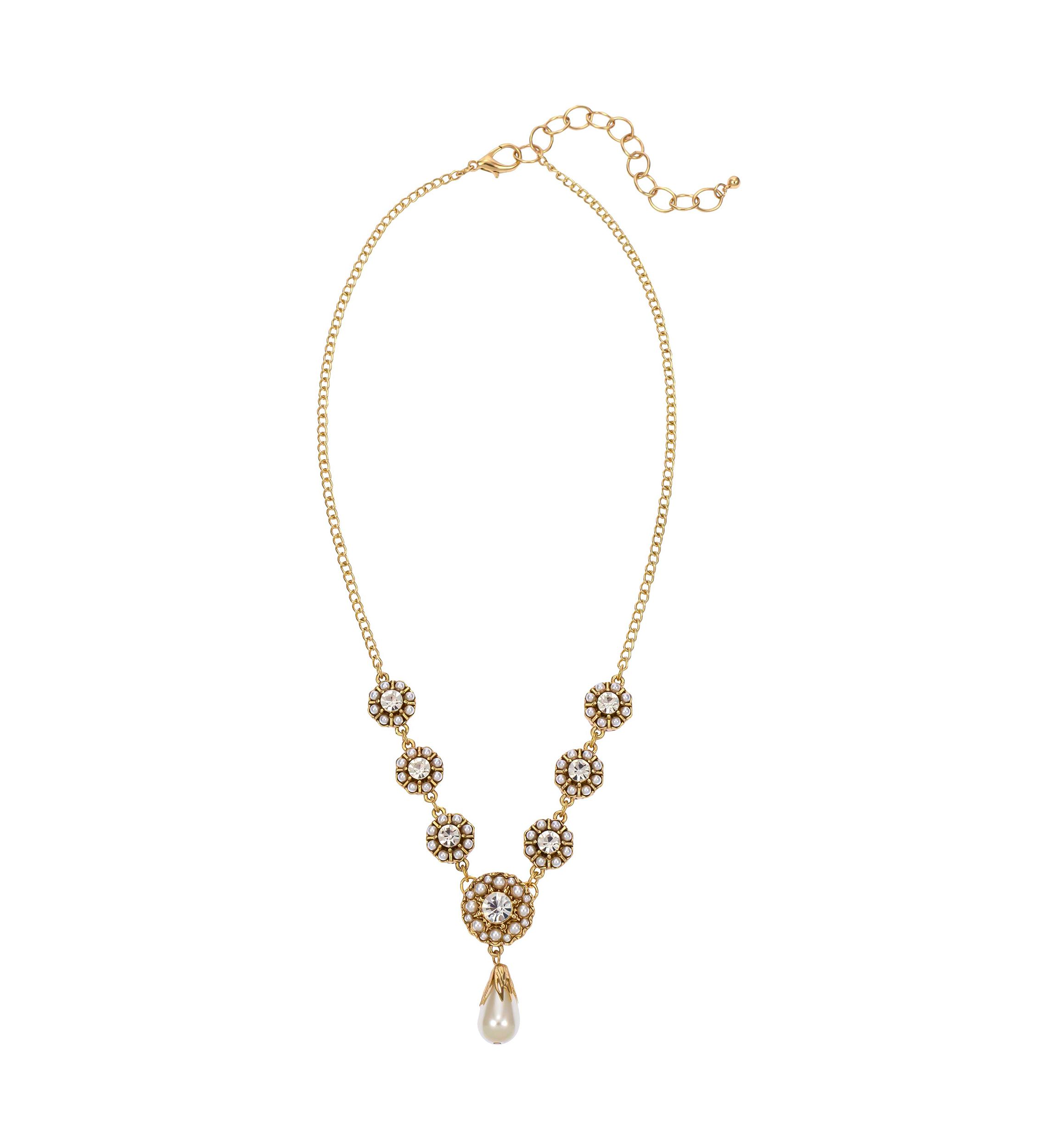 Gold Tone, 17 Inch + 3 Inch Extender Small Stone Frontal Necklace with Pearl Drop
