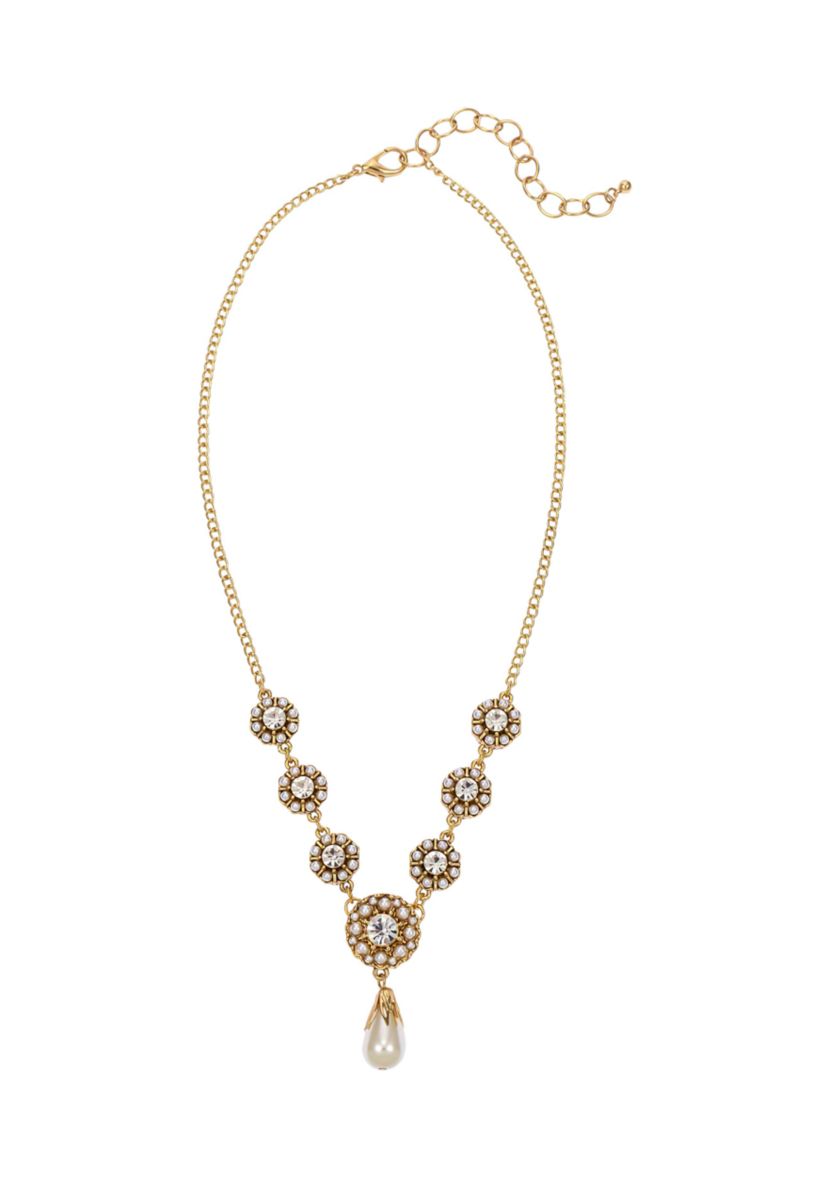 Gold Tone, 17 Inch + 3 Inch Extender Small Stone Frontal Necklace with Pearl Drop