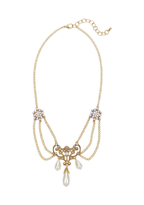 Gold Tone 18 Inch + 3 Inch Extender Short Chain Swag Statement Necklace with Filigree and Stone Center Detail with Pearl Drops and Side Pearl Flower Clusters