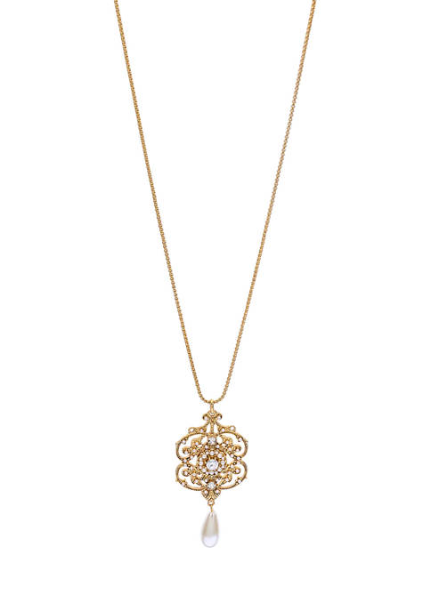 	 Gold Tone 32 Inch + 3 Inch Extender Long Antique Gold Filigree Pendant Necklace with Stone Accents and Pearl Drop 