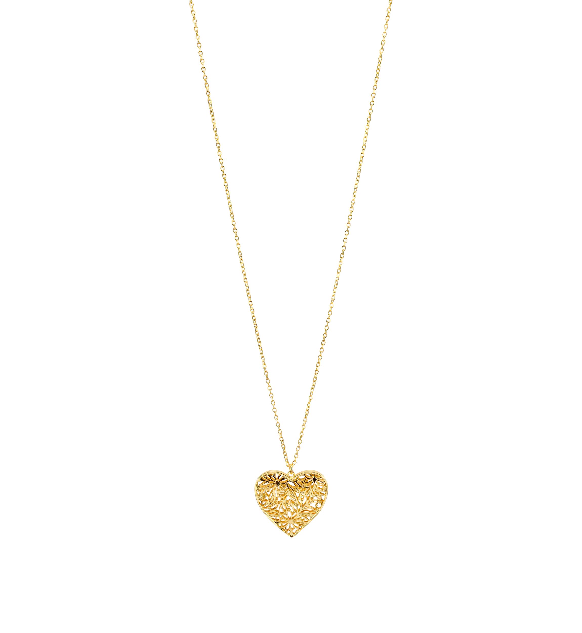 Long Floral Cut Out Heart Pendant Necklace